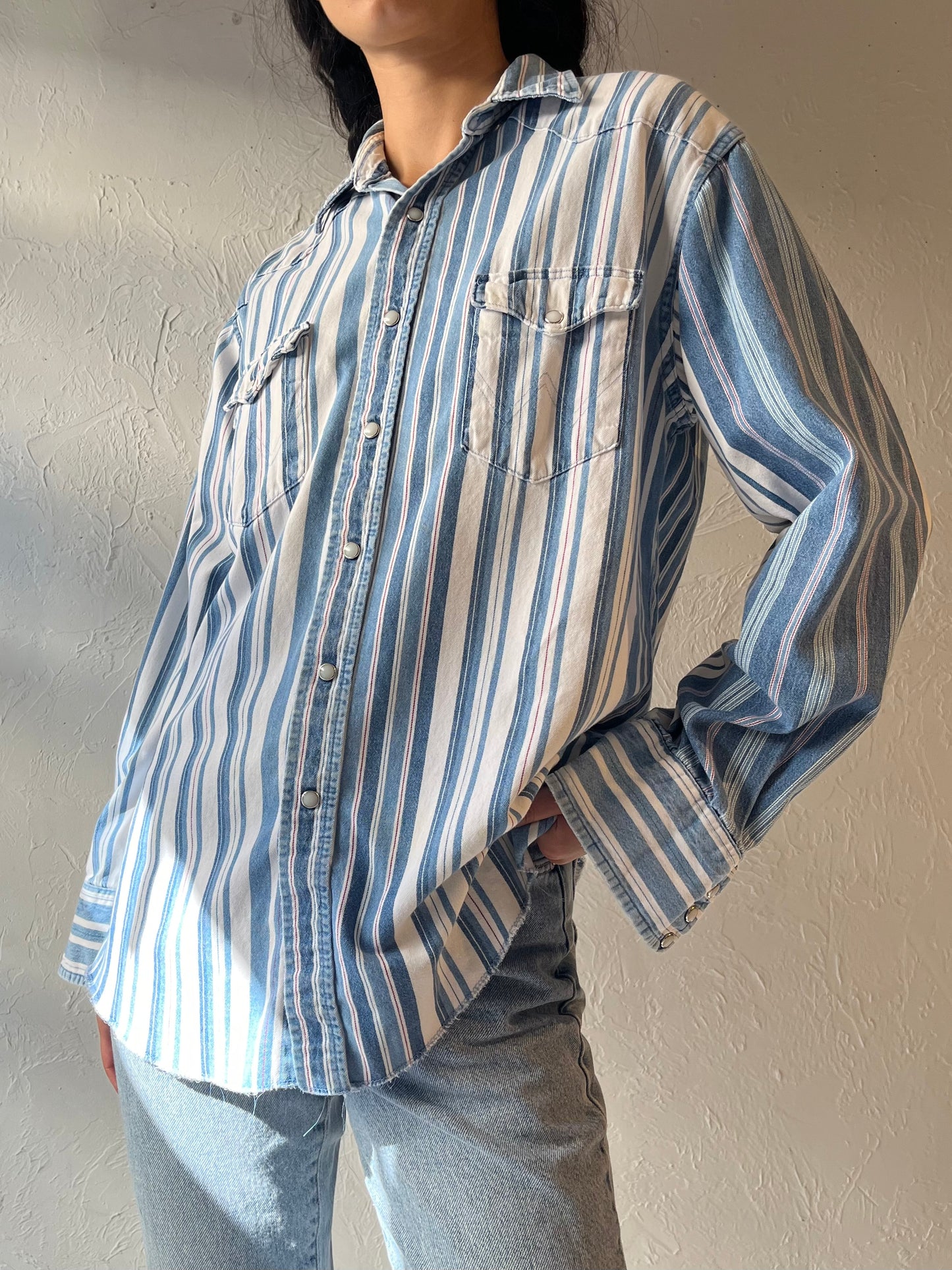 90s 'Wrangler' Blue Striped Snap Up Shirt / Large