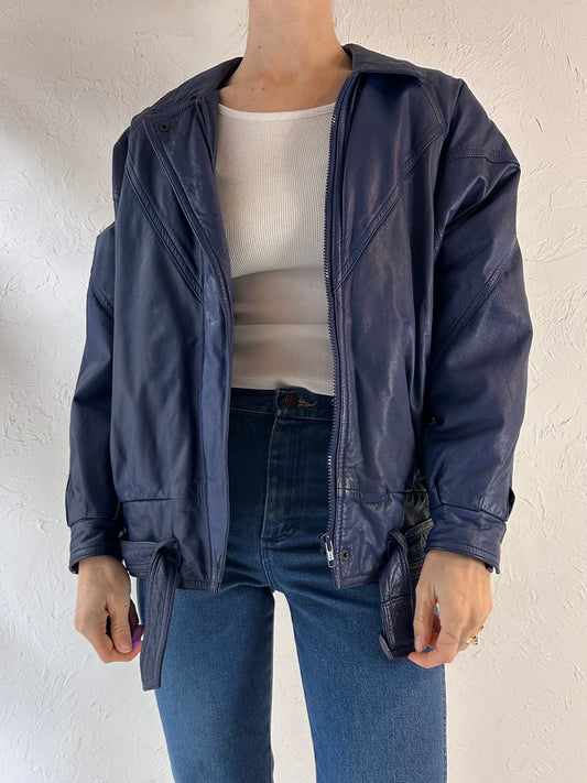 90s Blue Leather Bomber Jacket / Small