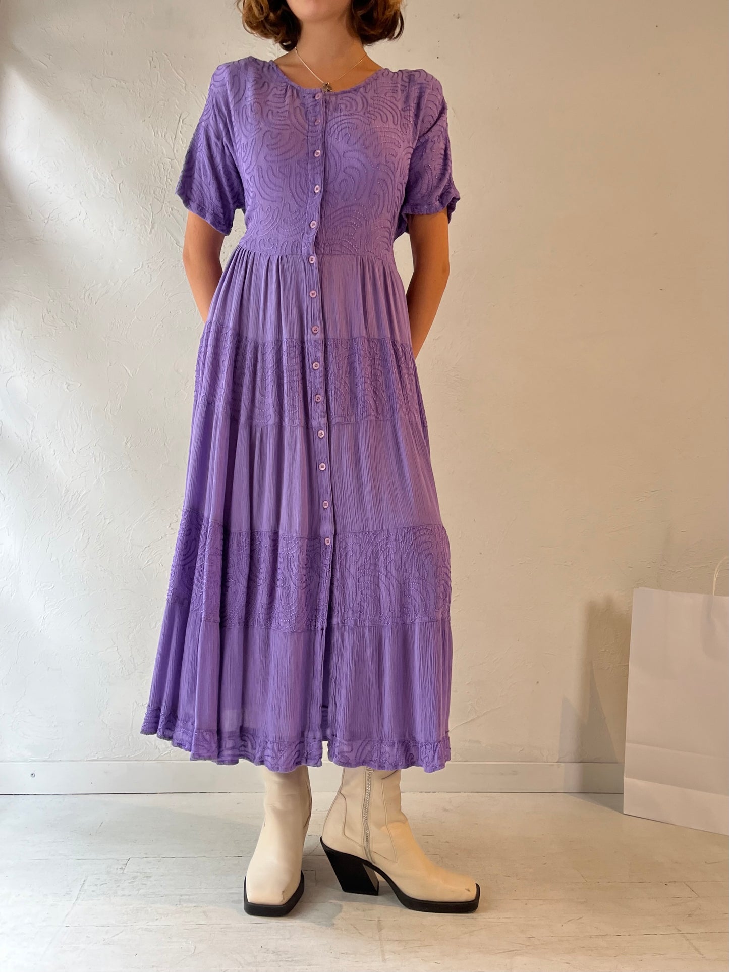 90s 'Variations' Purple Embroidered Dress / Large