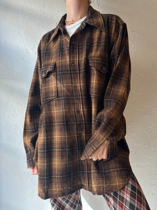 90s 'Pendleton' Brown Plaid Wool Shirt / Large