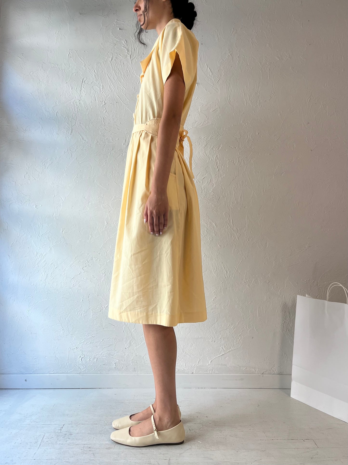 70s 'Leslie Fay' Pale Yellow Button Up Dress / Union Made / Medium