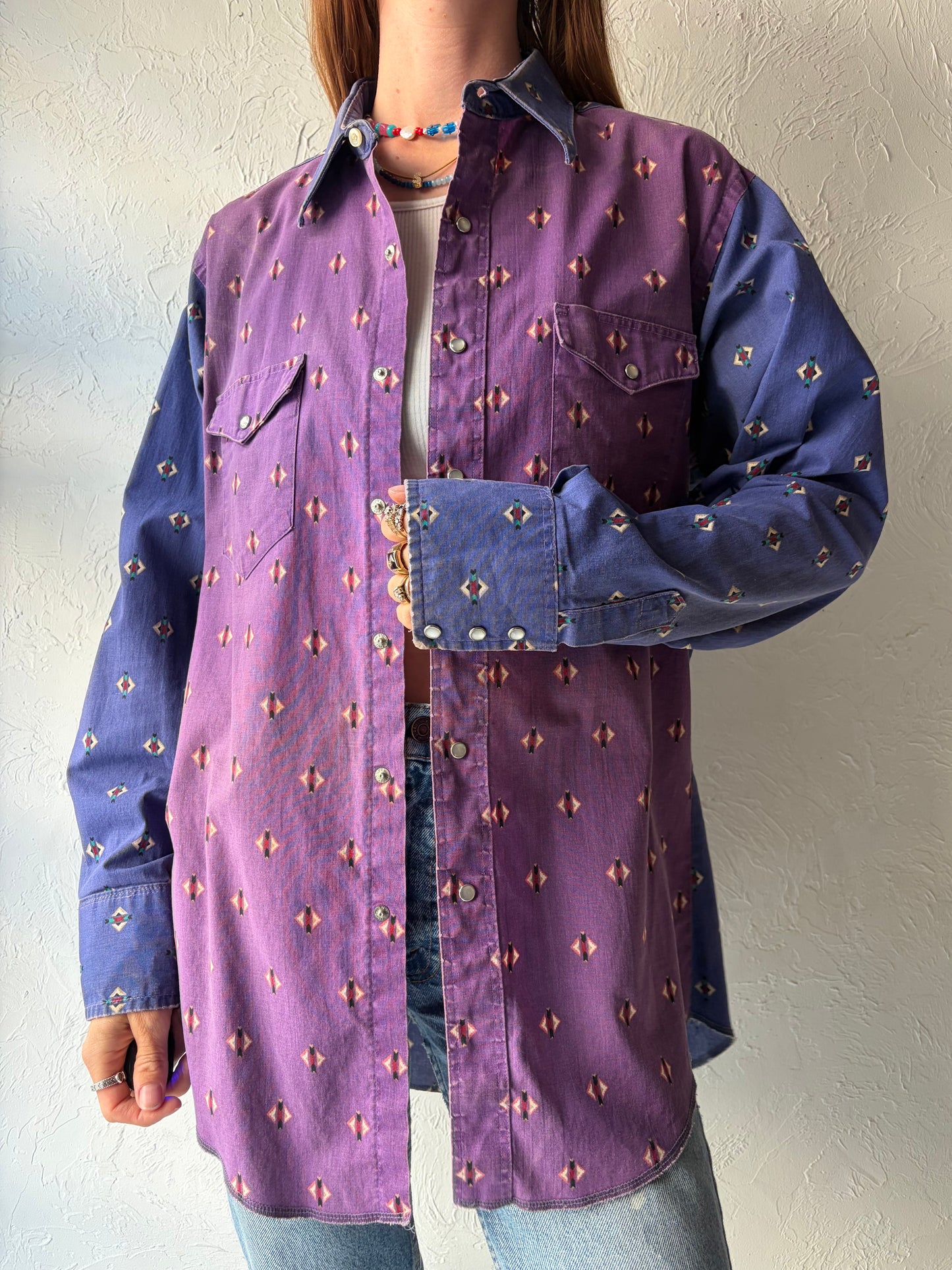 90s 'Wrangler' Purple Pearl Snap Western Shirt / Large