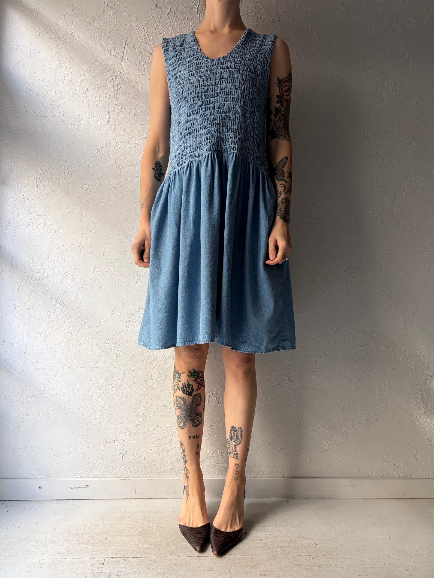 Y2k 'Leisure Wear' Light Denim Smocked Dropped Waist Western Summer Dress / Small -Large
