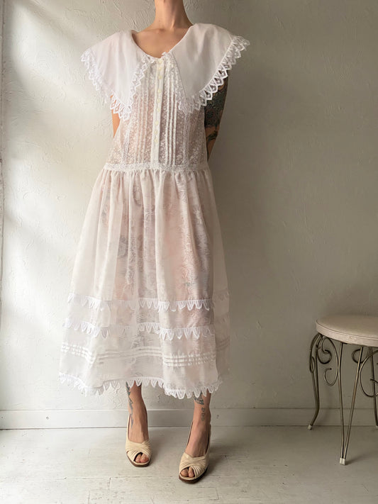 80s ‘Editions’ White Collared Sheer Dress / Large