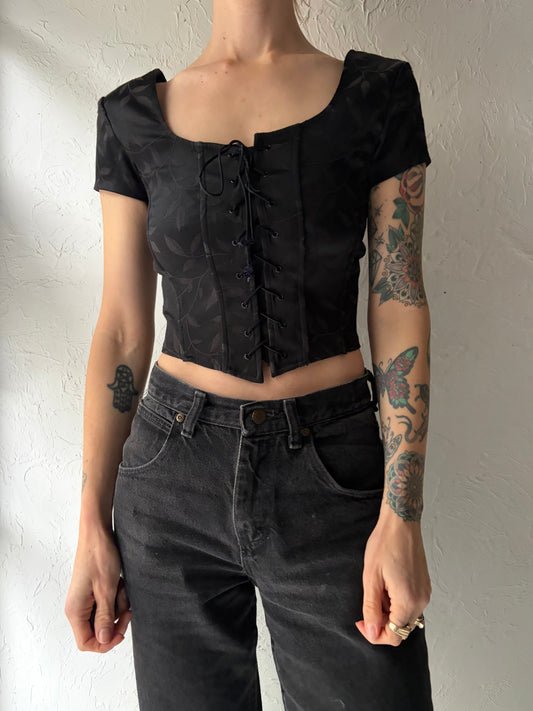 90s ‘Le Chateau’ Black Lace Up Brocade Top / Medium
