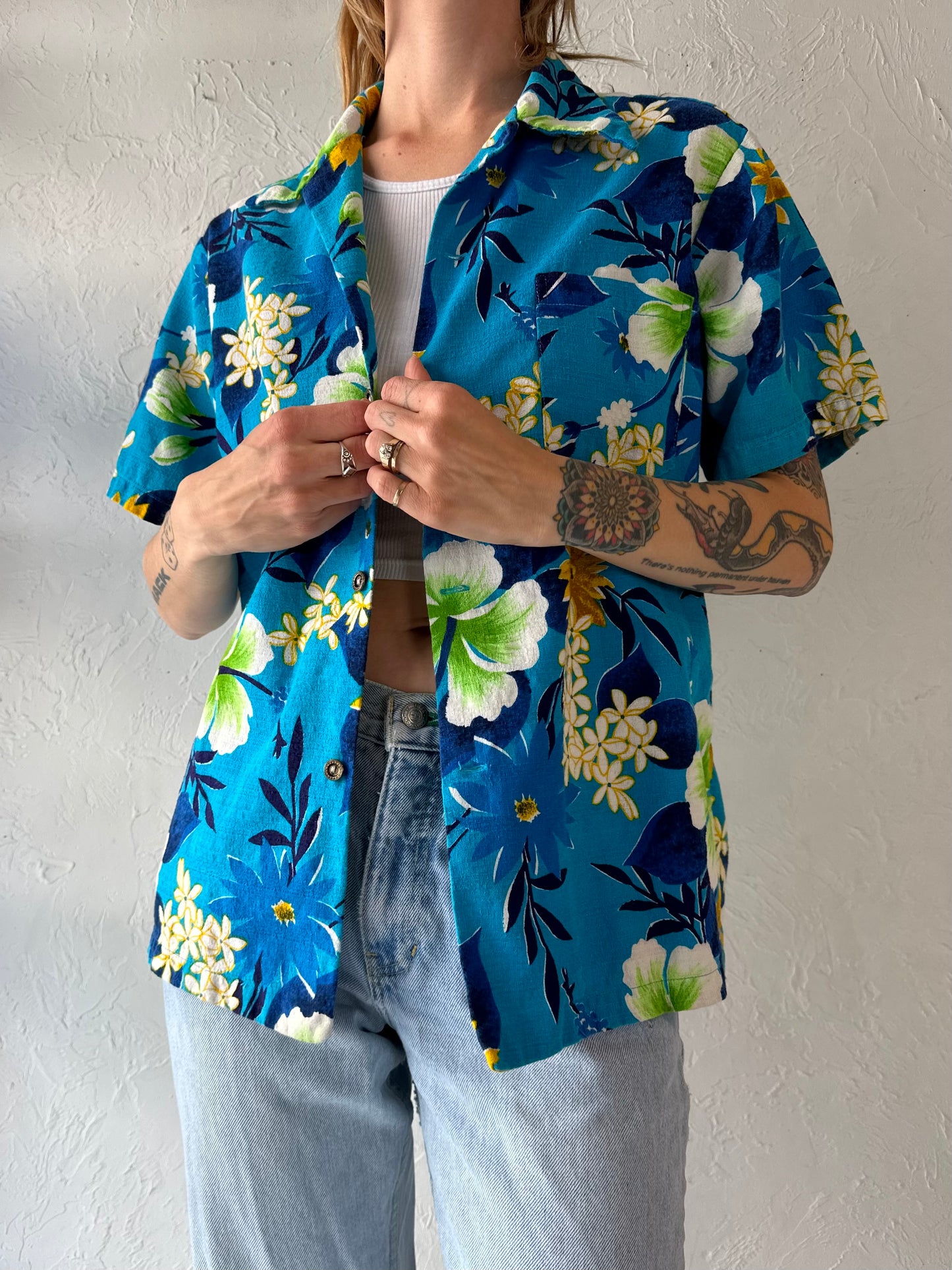 70s Blue Cotton Hawaiian Shirt / Medium