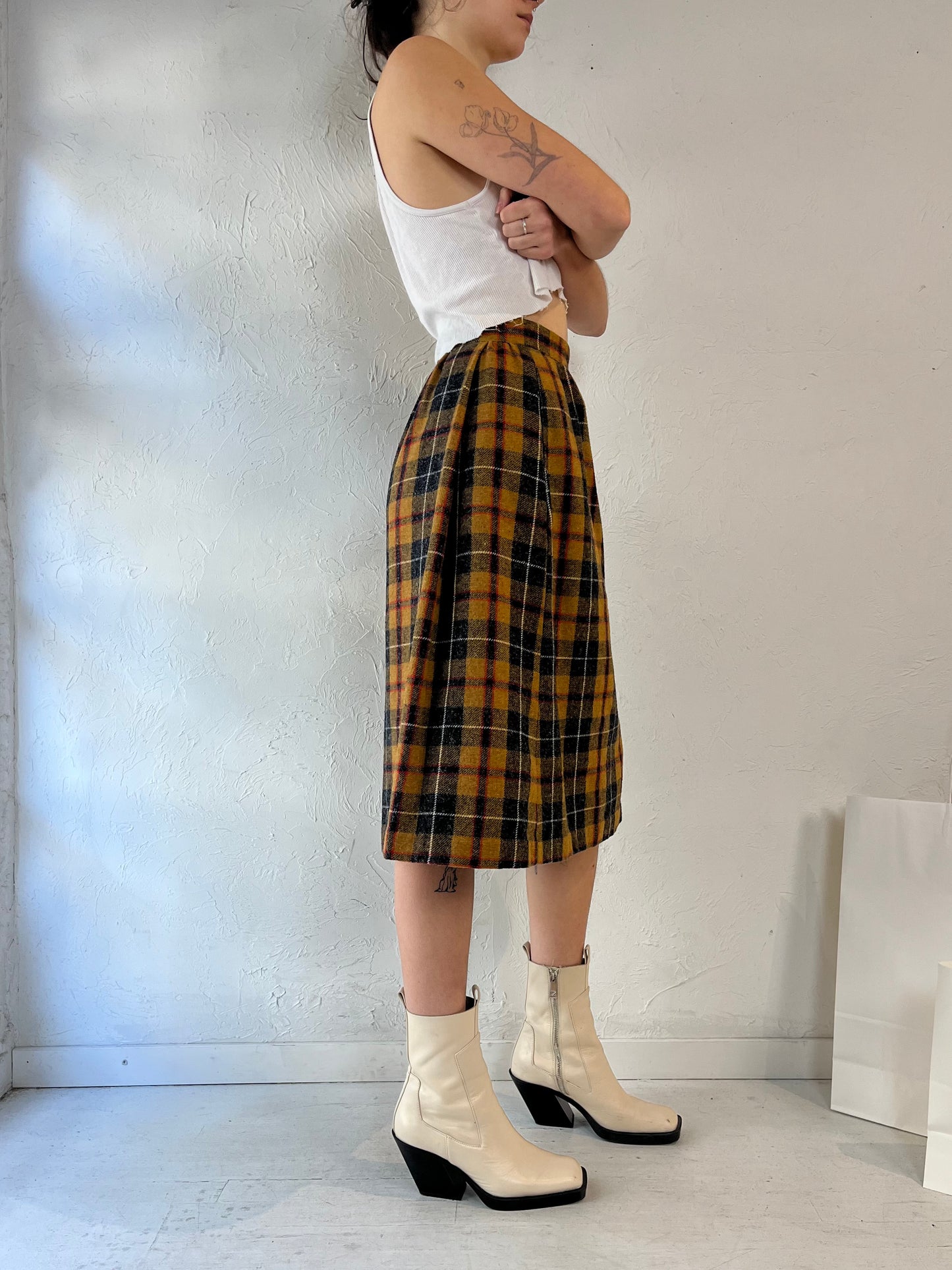 80s Yellow Plaid Midi Skirt / XS