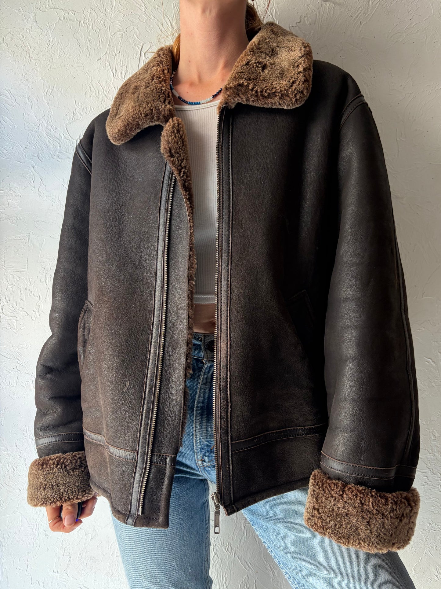 Y2k 'Danier' Brown Leather Shearing Lined Winter Jacket / Medium