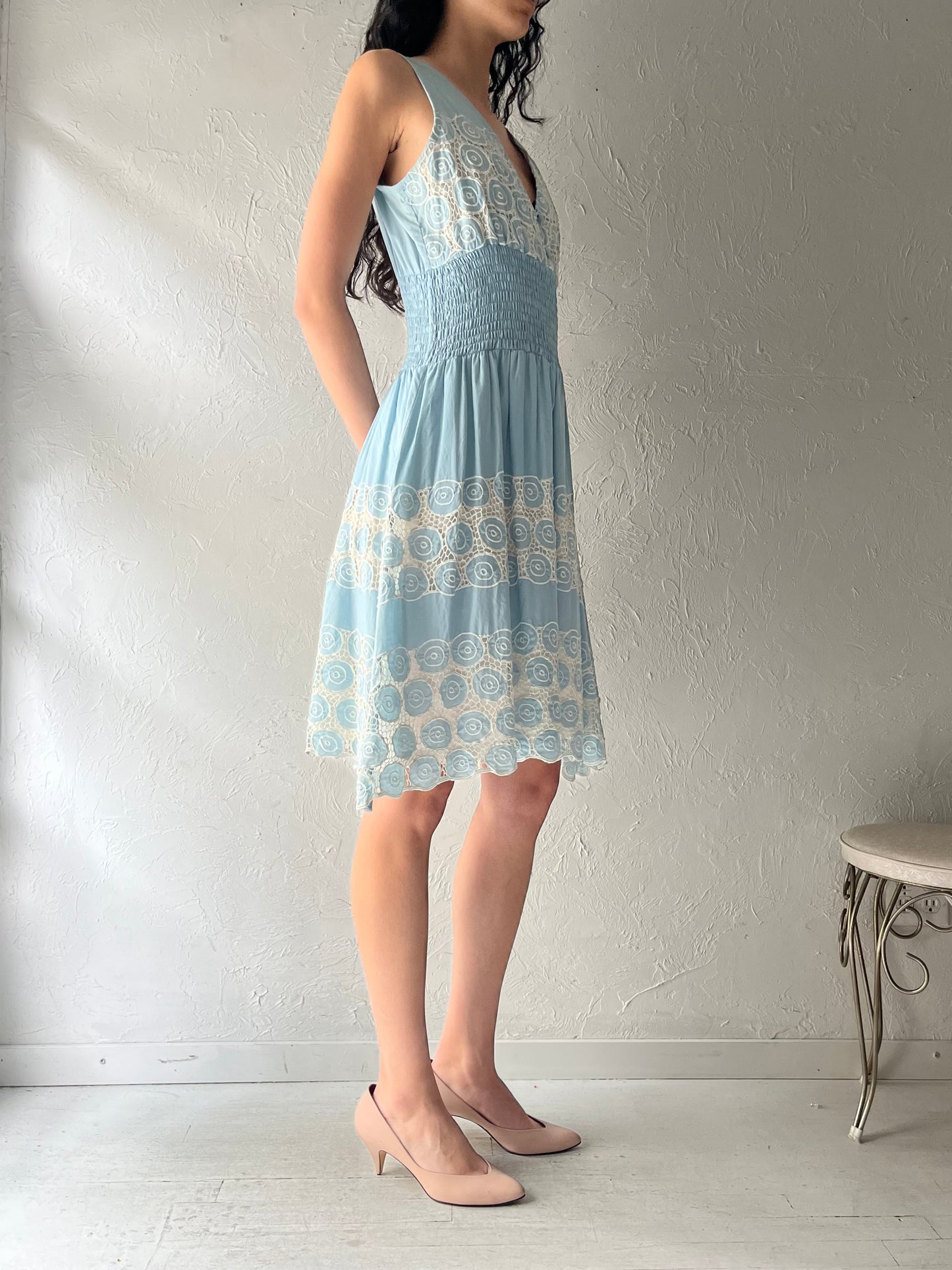 90s 'Hibis' Blue Hippie Midi Dress / Medium - Large