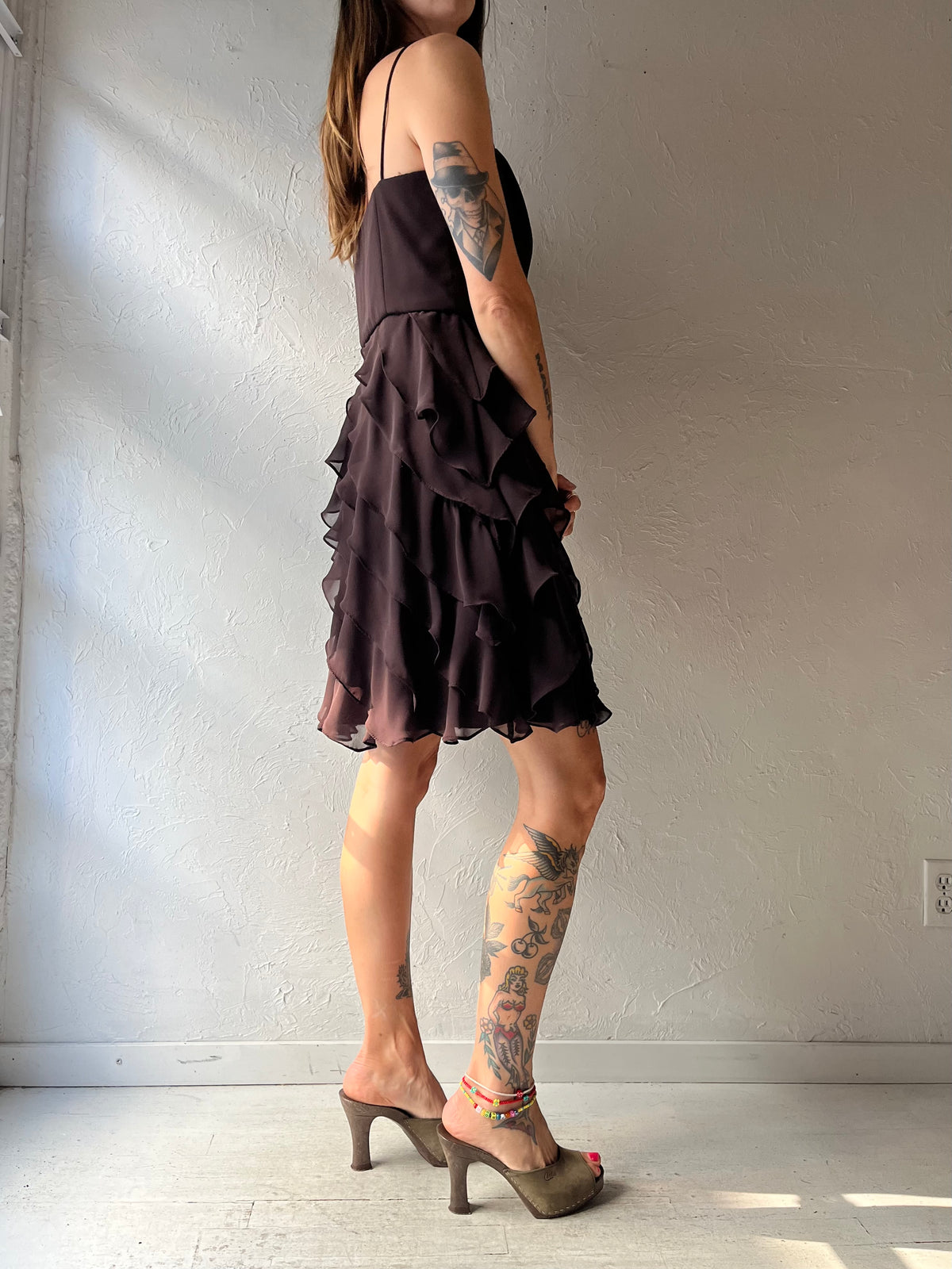 Y2k 'SL Fashions' Brown Ruffle Dress / Small