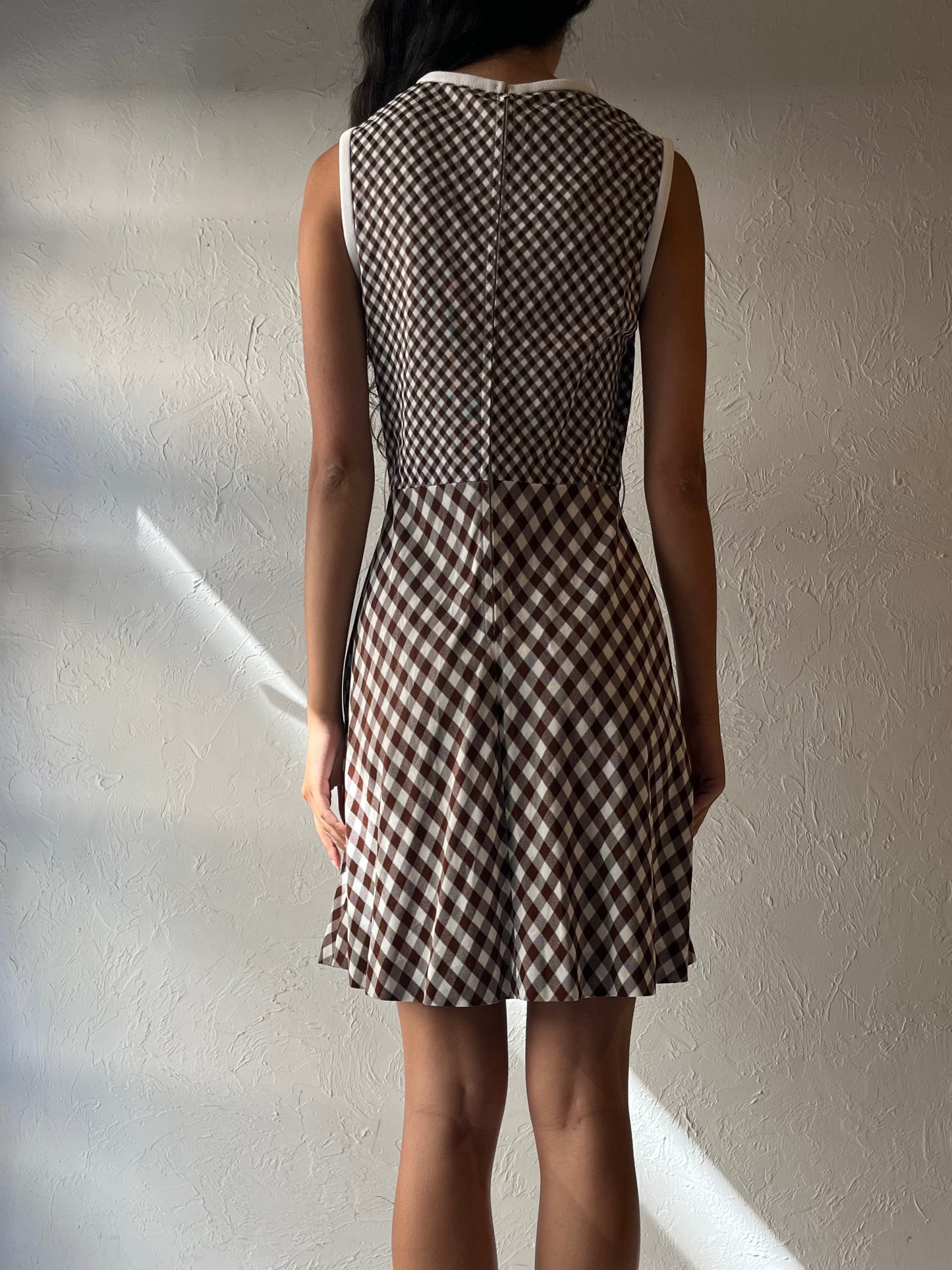 70s Brown Gingham Midi Dress / Union Made / Small