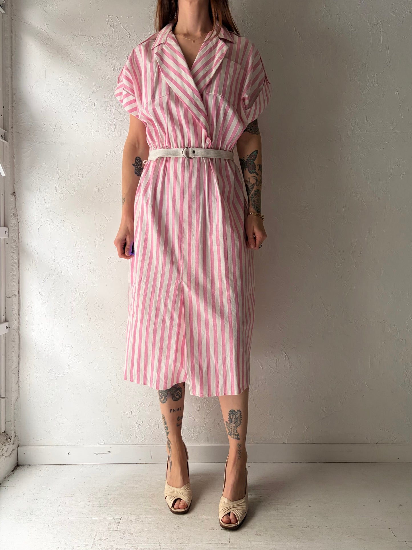 90s 'Sears Traditions' Dead Stock Vintage Pink Striped Collared Spring Dress / XL