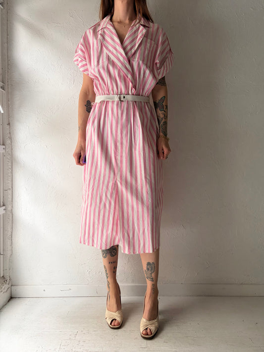 90s 'Sears Traditions' Dead Stock Vintage Pink Striped Collared Spring Dress / XL