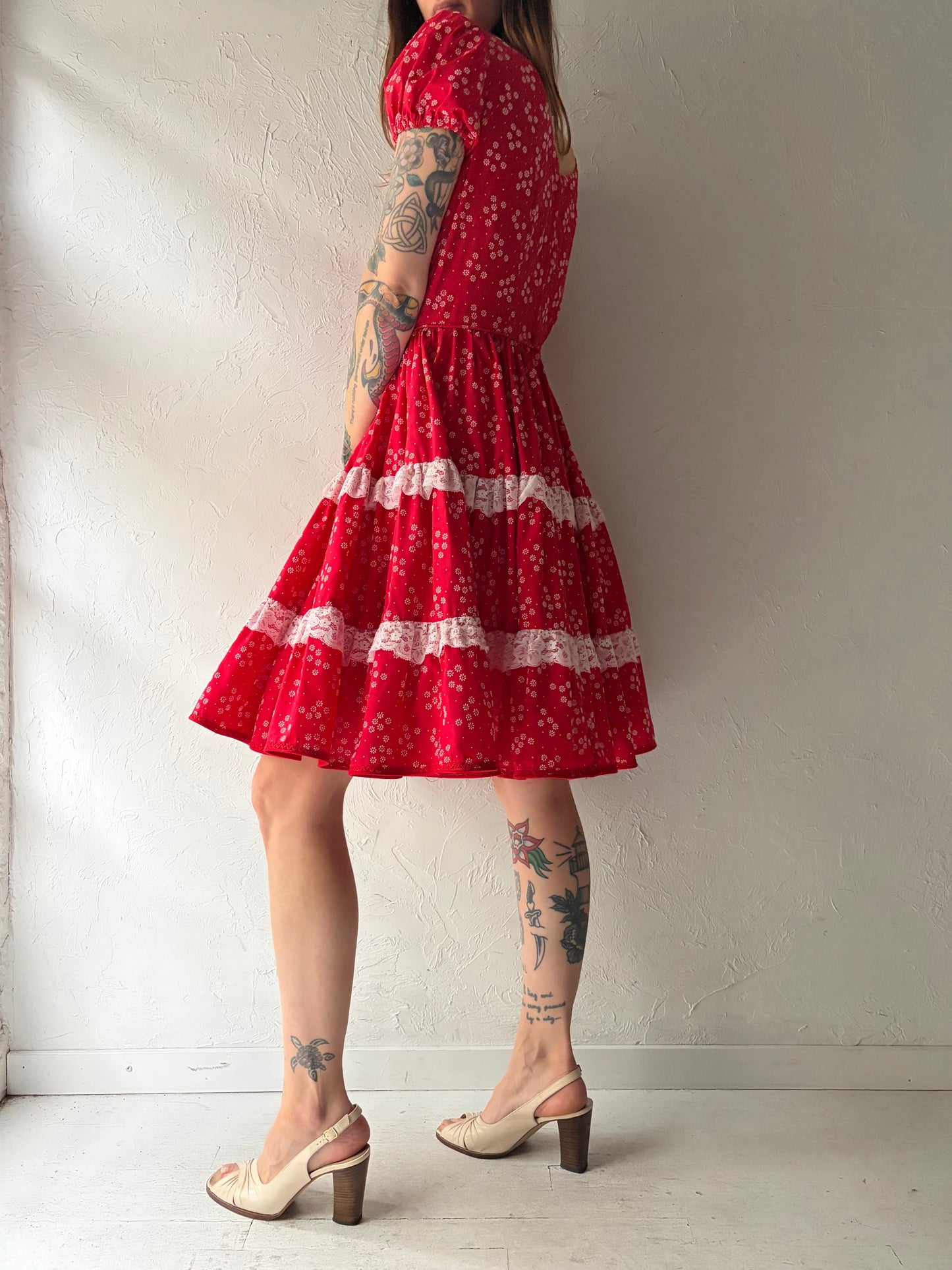 Vintage Handmade Red Floral Western Teared Mini Dress / Vintage Cottage Core Prairie Summer Dress / Small