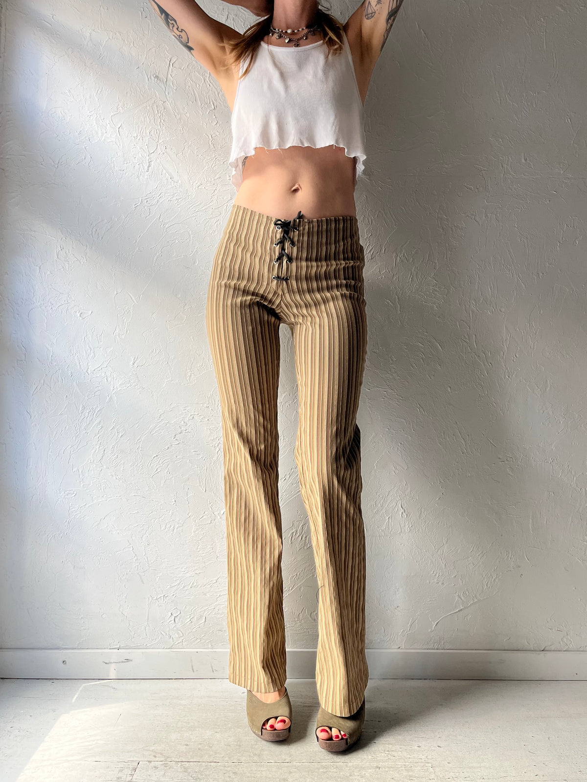 80s 'Pelican Cove' Brown Striped Low Rise Lace Up Grunge Boho Hippie Flare Plants / Medium
