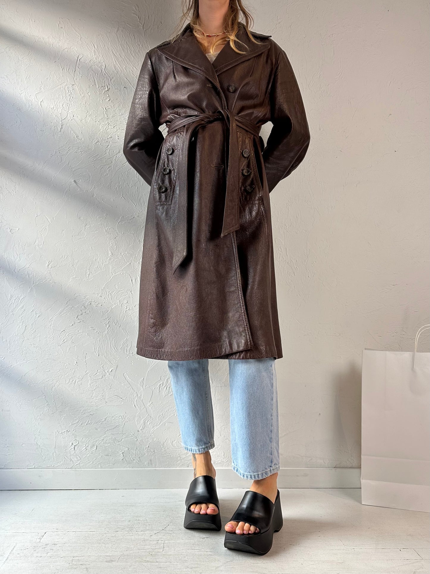 80s 'Norwest' Brown Leather Trench Coat / Medium