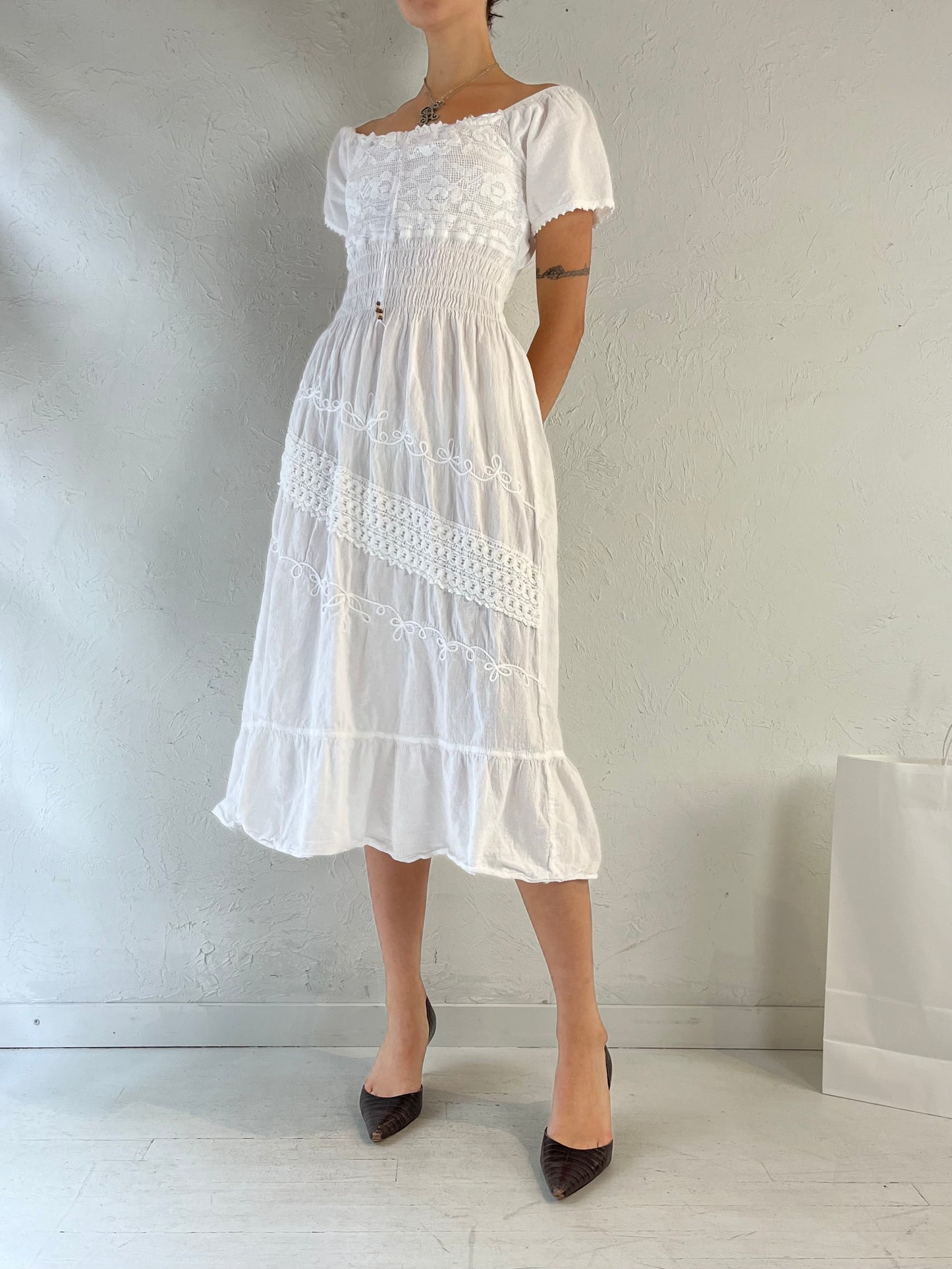 Vintage White Cotton Midi Dress / Small