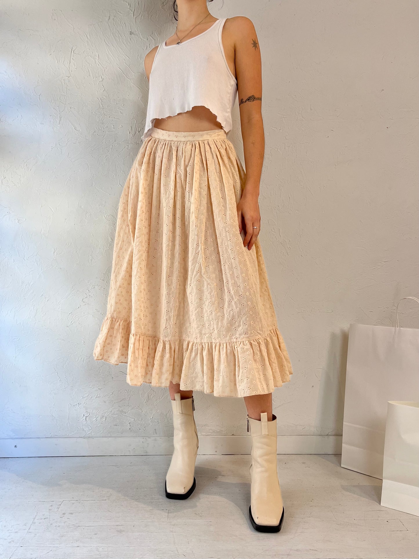 Vintage Cream Eyelet Midi Skirt / Small