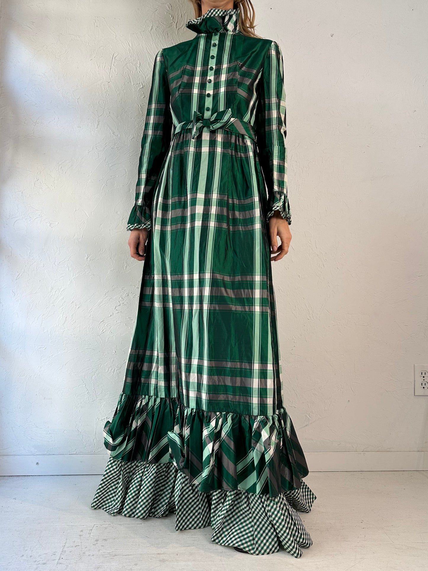 70s 'Love by Deb' Green Tartan Long Sleeve Dress / Small
