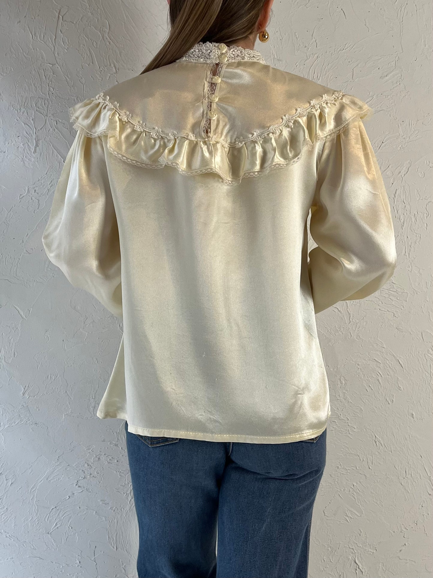 70s ‘Jessica Gunnies’ Cream Silky Peasant Blouse / Small - Medium