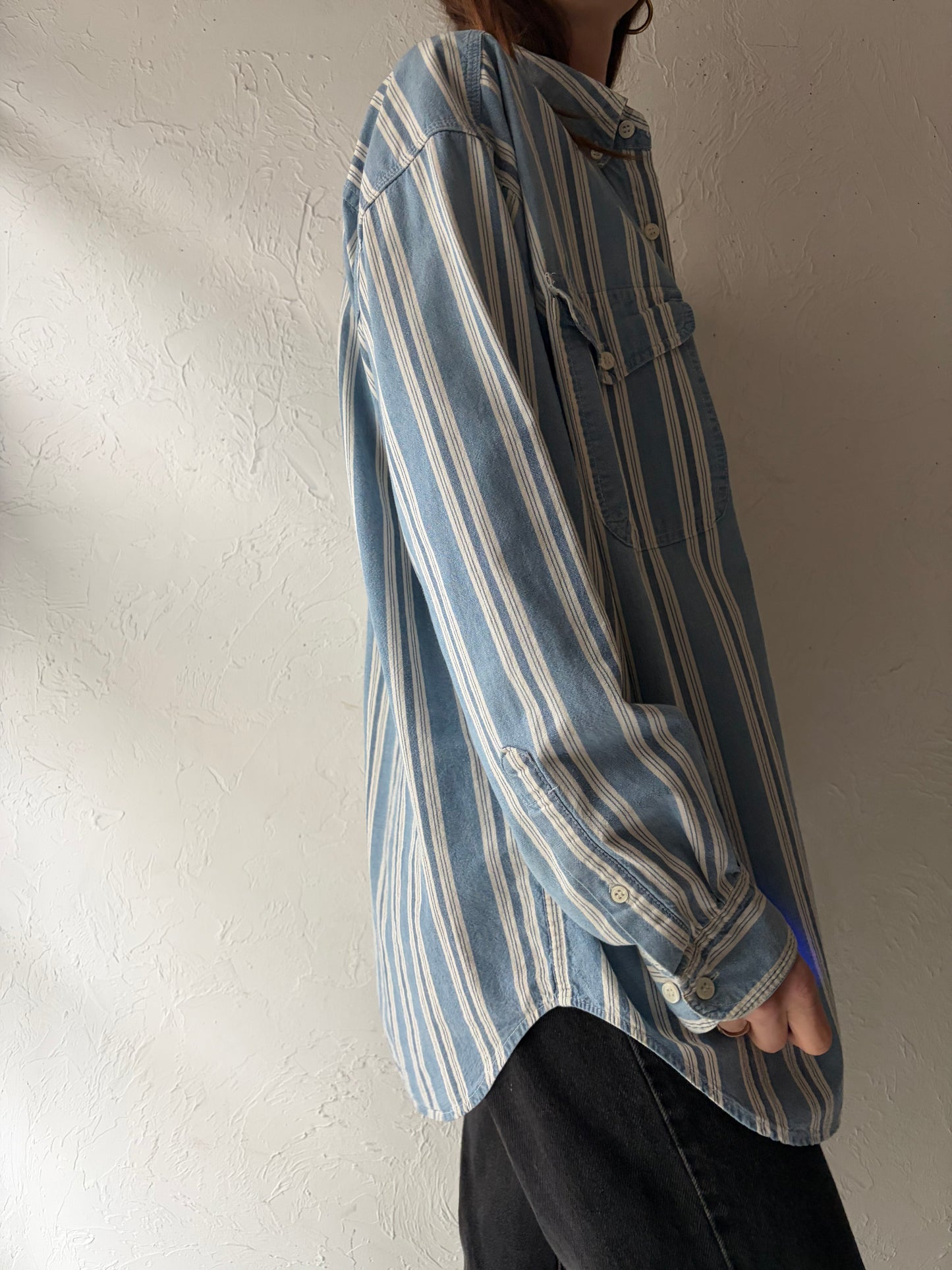 Y2k 'Anchor Blue' Striped Denim Western Cowboy Work Wear Shirt / Large