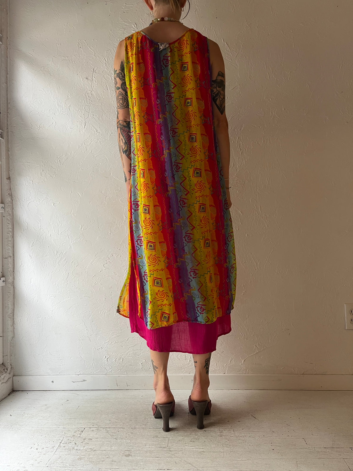 90s 'Papa' Rainbow Rayon Hippie Maxi Dress / Large