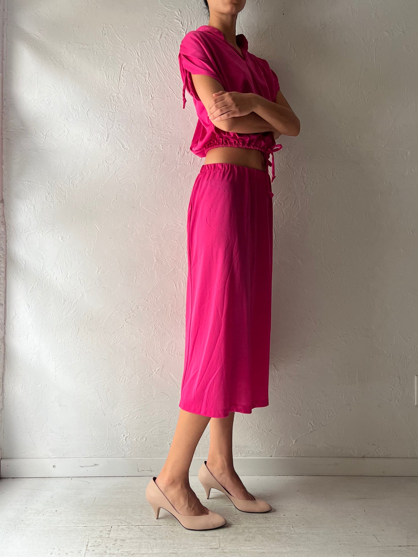 70s Hot Pink Two Piece Skirt Top Set / Small