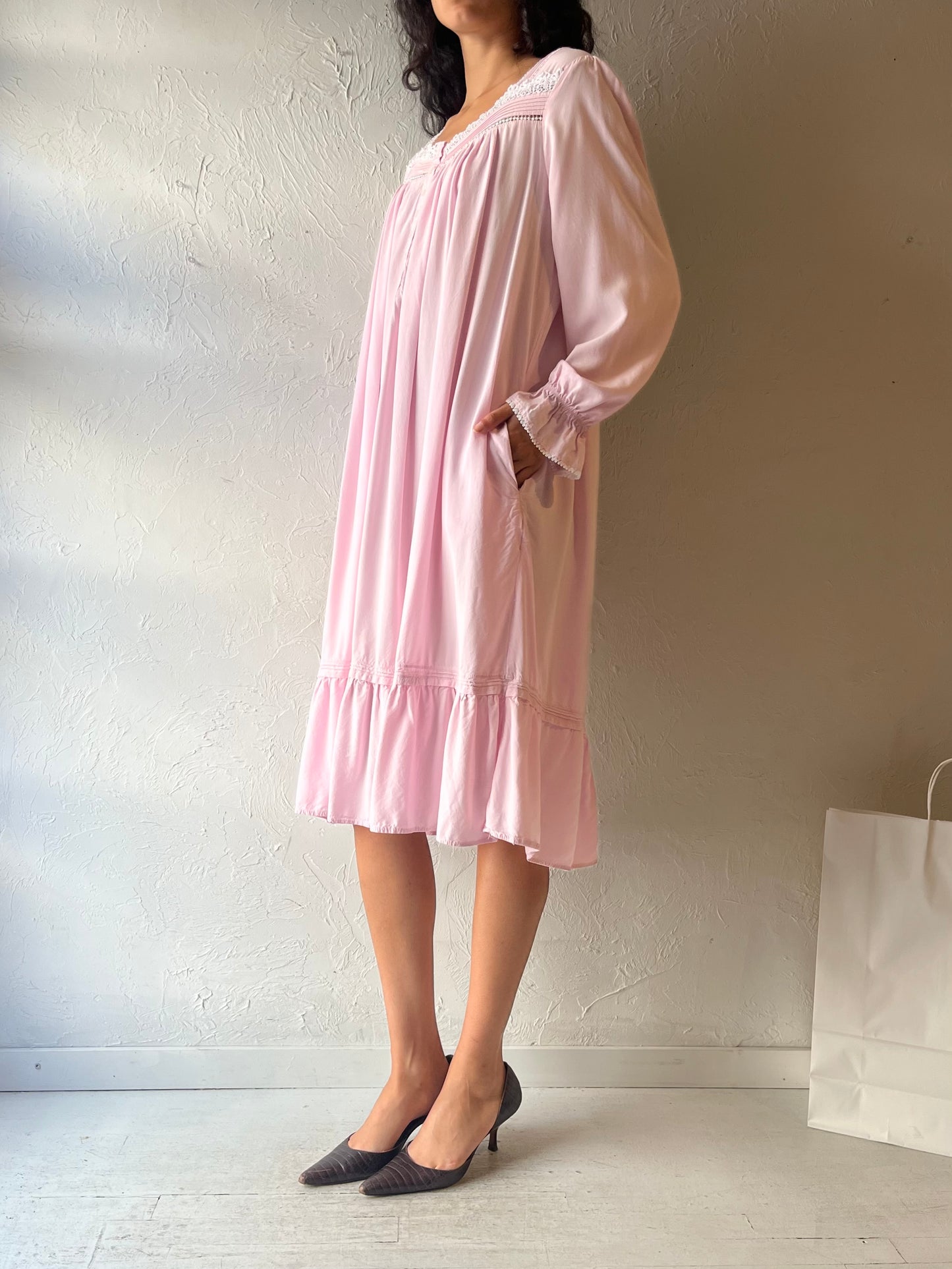 Y2K ‘Eileen West' Pink Long Sleeve Cotton Dress / Large