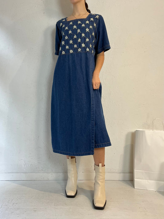 90s 'PS Only' Embroidered Denim Maxi Dress / Large