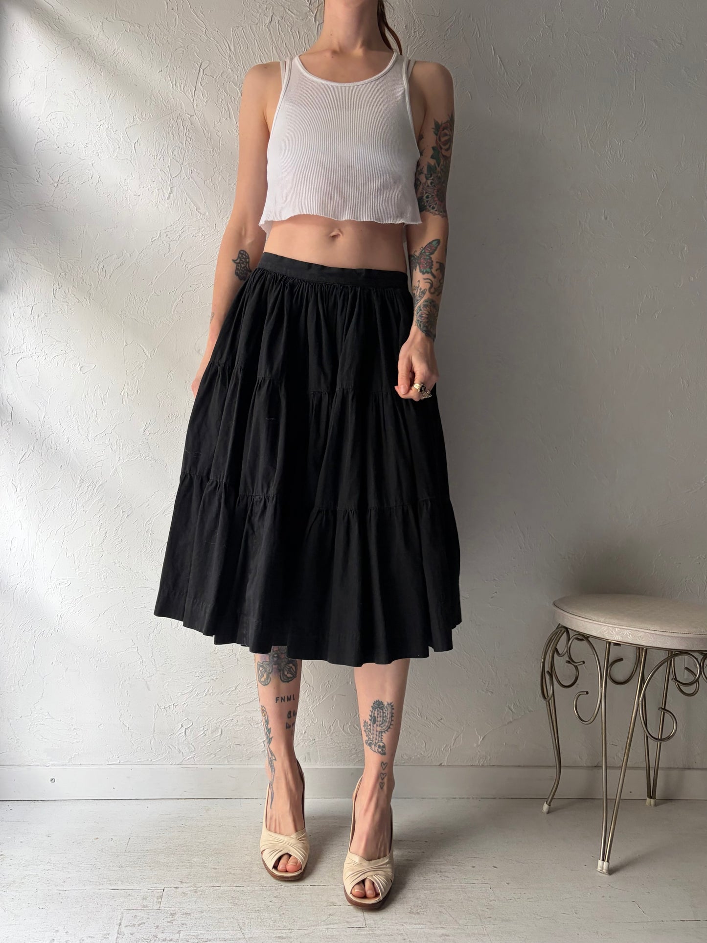 Vintage Black Tiered Midi Skirt / Small - Medium