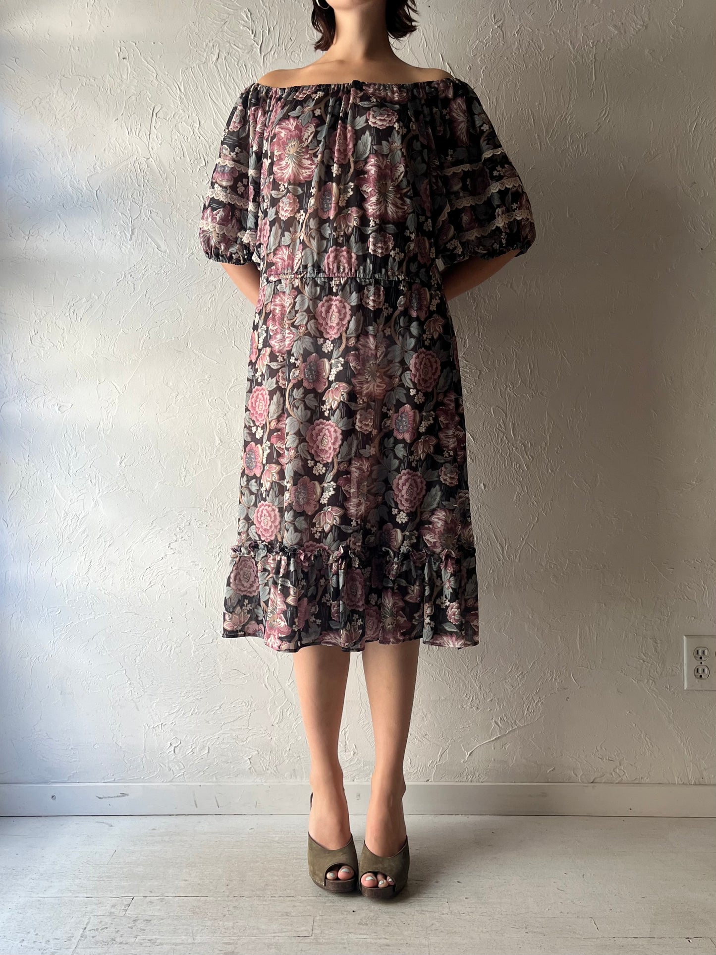 Vintage Handmade Floral Cottagecore Boho Flowy Summer Dress / Vintage Prairie Garden Party Sun Dress / Large