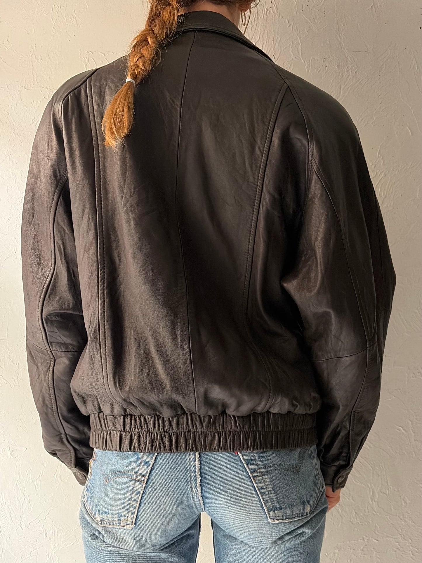 90s 'LNR' Soft Leather Bomber Jacket / Small