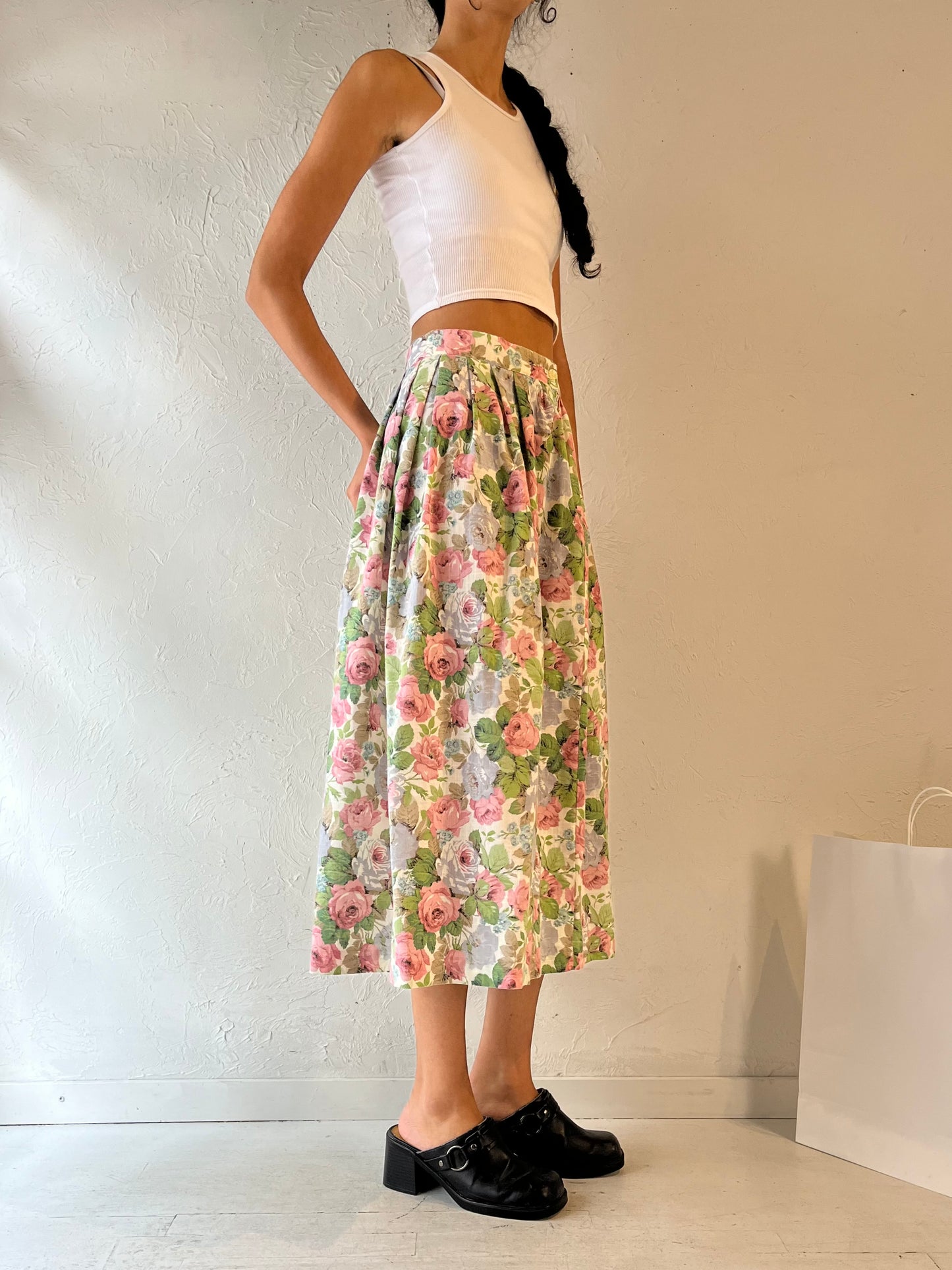 90s Pastel Floral Print Midi Skirt / Small