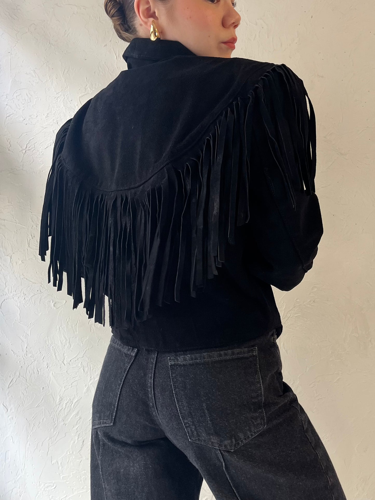 80s 'Genuine Leather' Black Suede Fringe Jacket / Medium