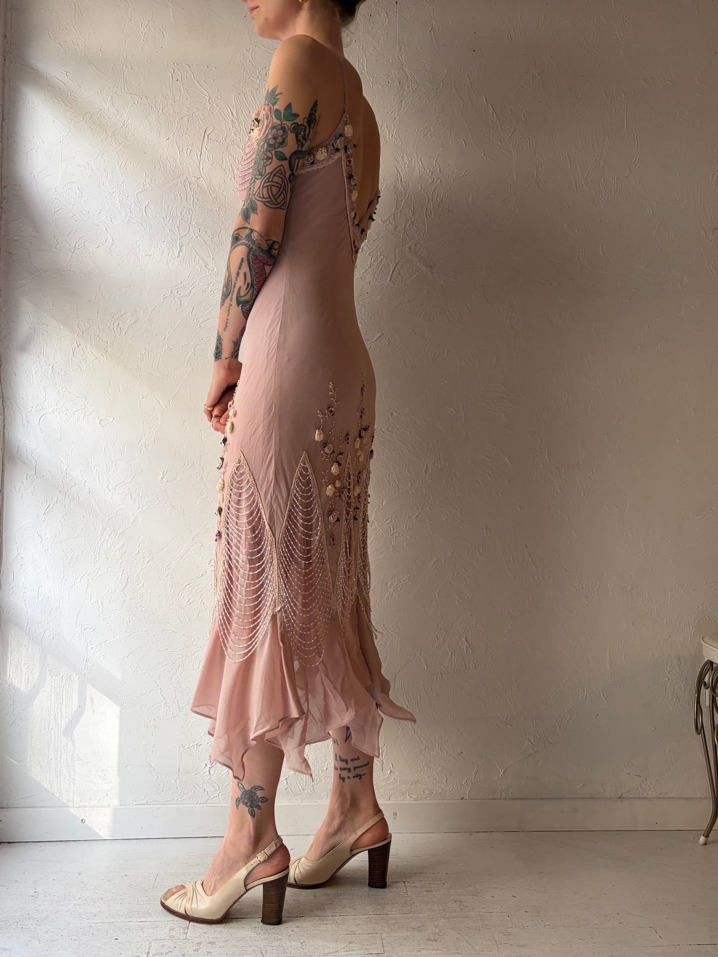 Y2k 'Zokai' Pink Beaded Formal Midi Dress / Small / Medium