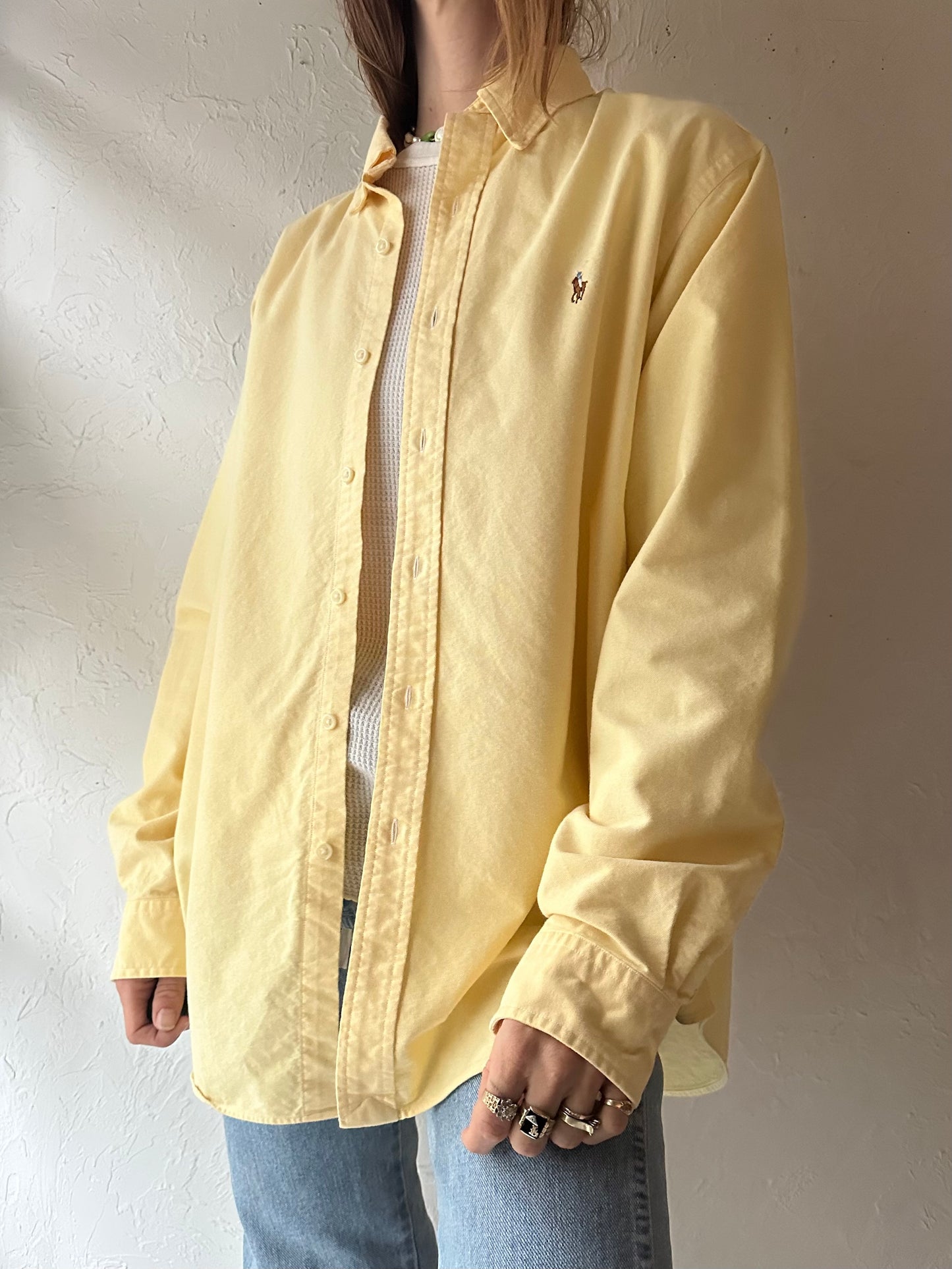 Y2k 'Ralph Lauren' Yellow Cotton Dress Shirt / Large