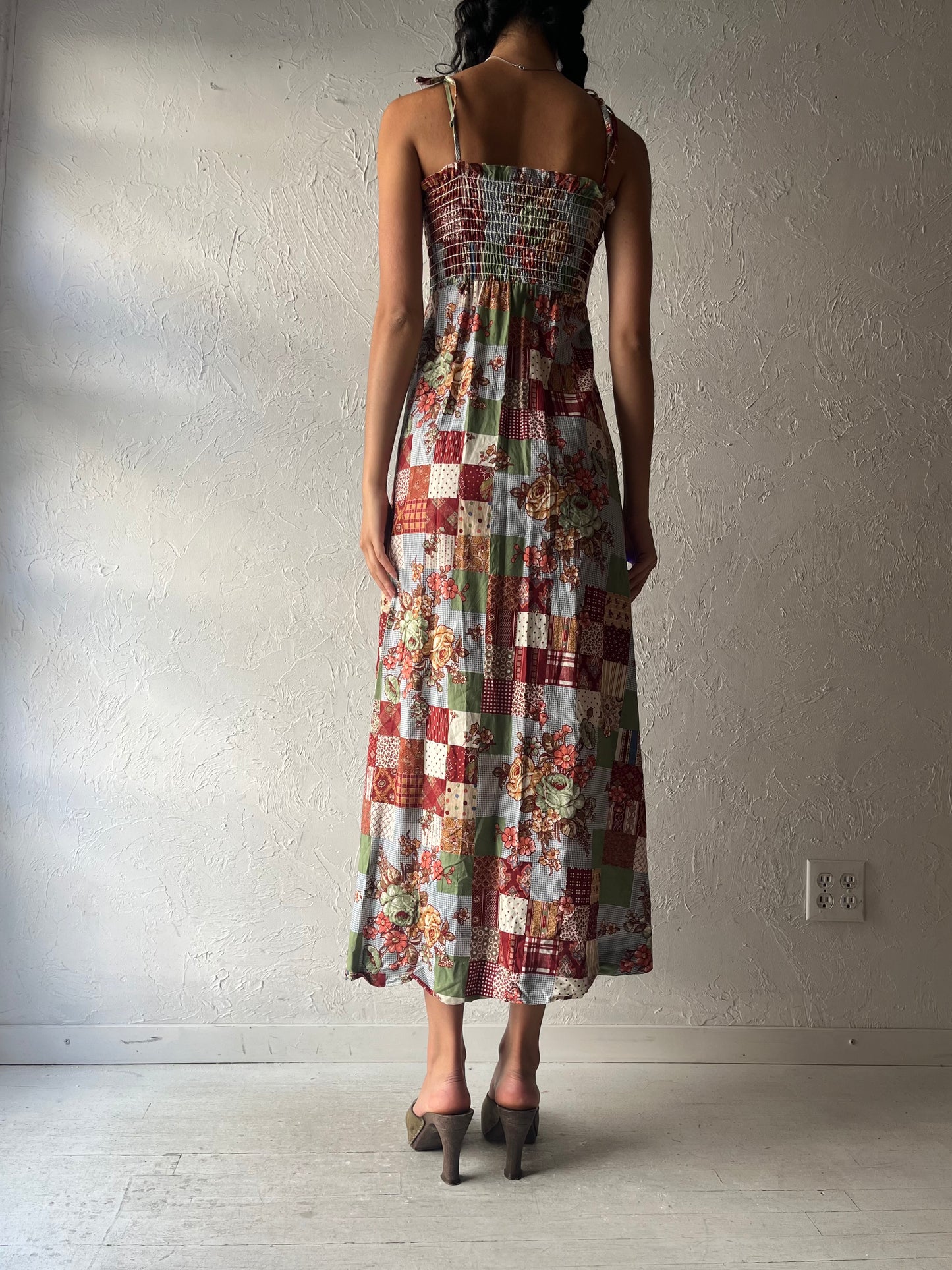 70s Smocked Elastic Hippie Maxi Dress / Small