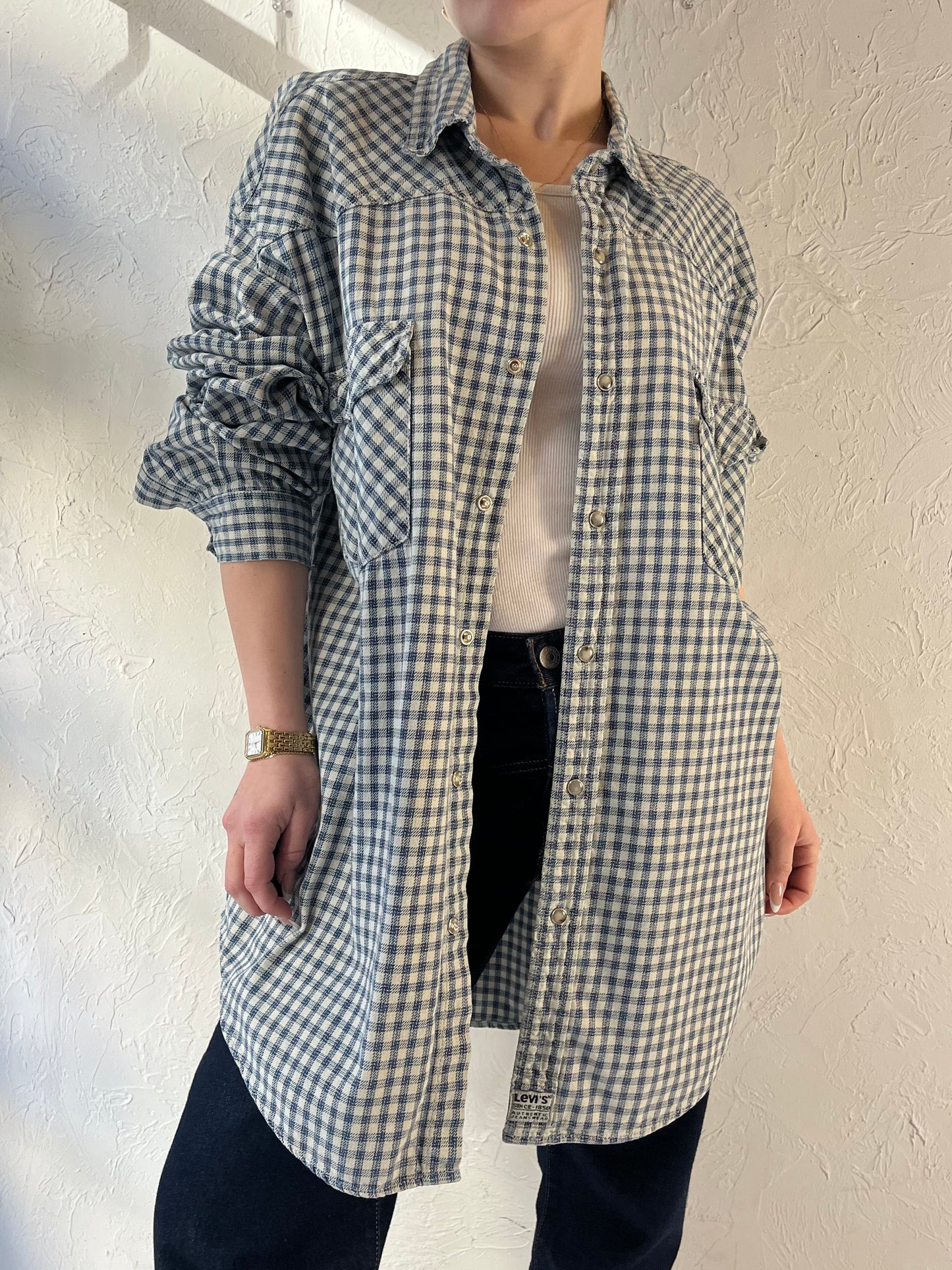 90s ‘Levi’s’ Blue Paid Cotton Button Up Shirt / XL