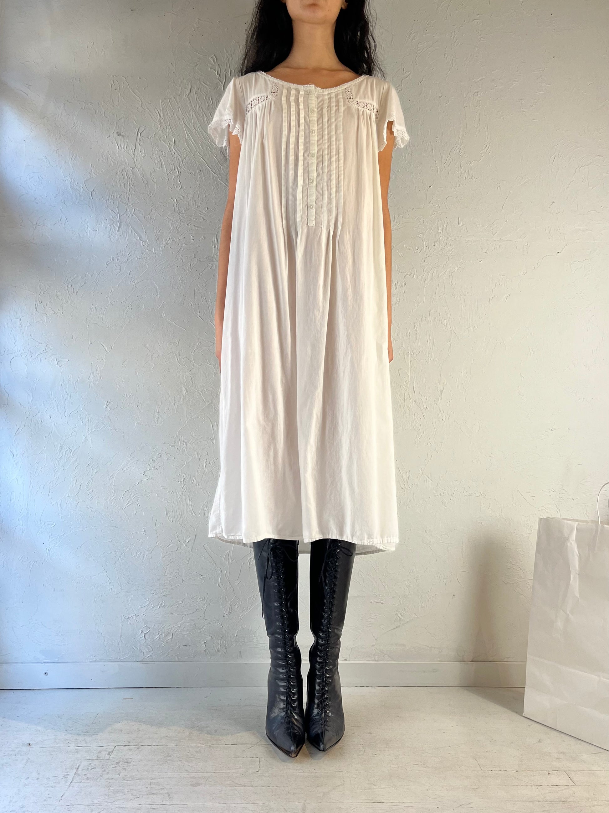 Vintage 90s ‘Victorian Classics’ White Cotton Midi Dress / Large