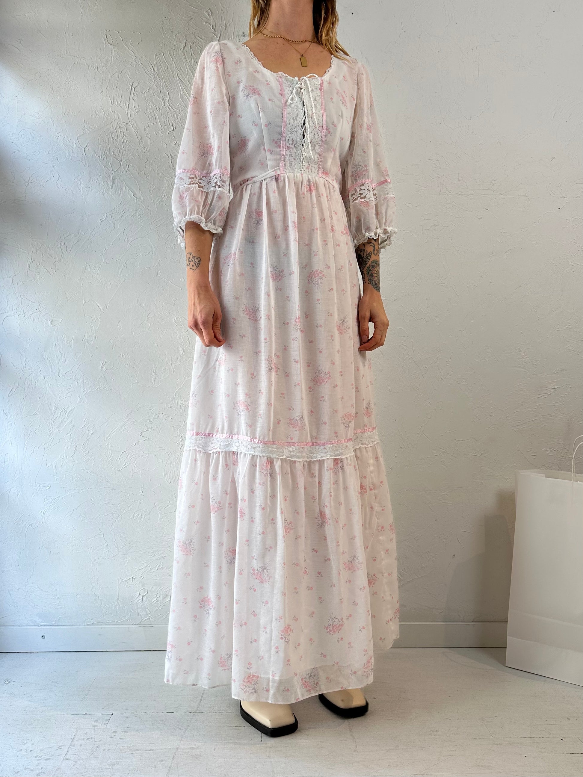 70s white dress 70s 'Pantel' White Floral Long Sleeve Prairie Dress / Medium – Wildhoneygoods