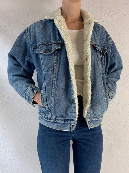 80s 'Levis' Faux Shearling Lined Denim Jacket / Youth L