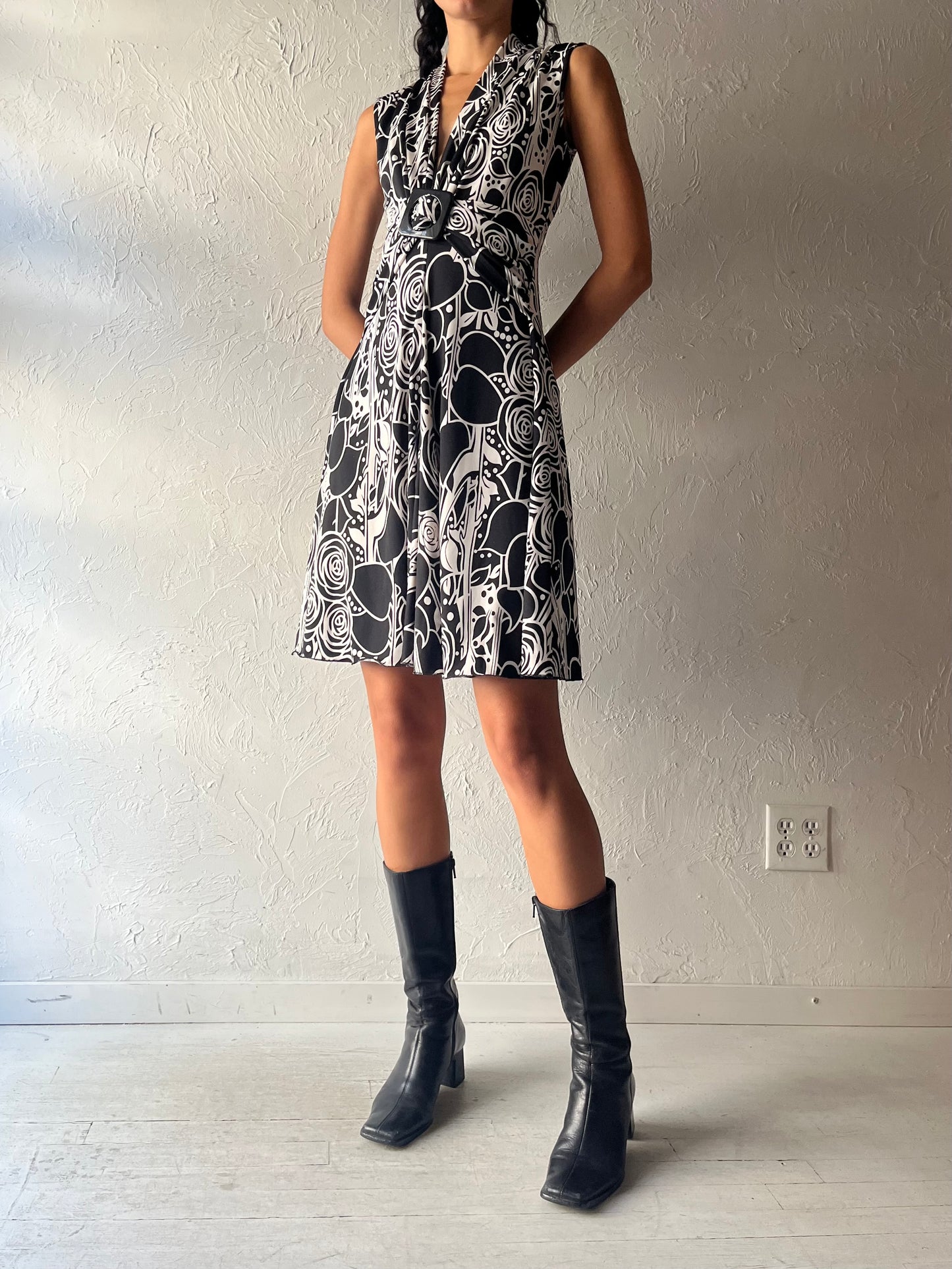 Y2k 'Jessica' Black and White Patterned Midi Dress / Small