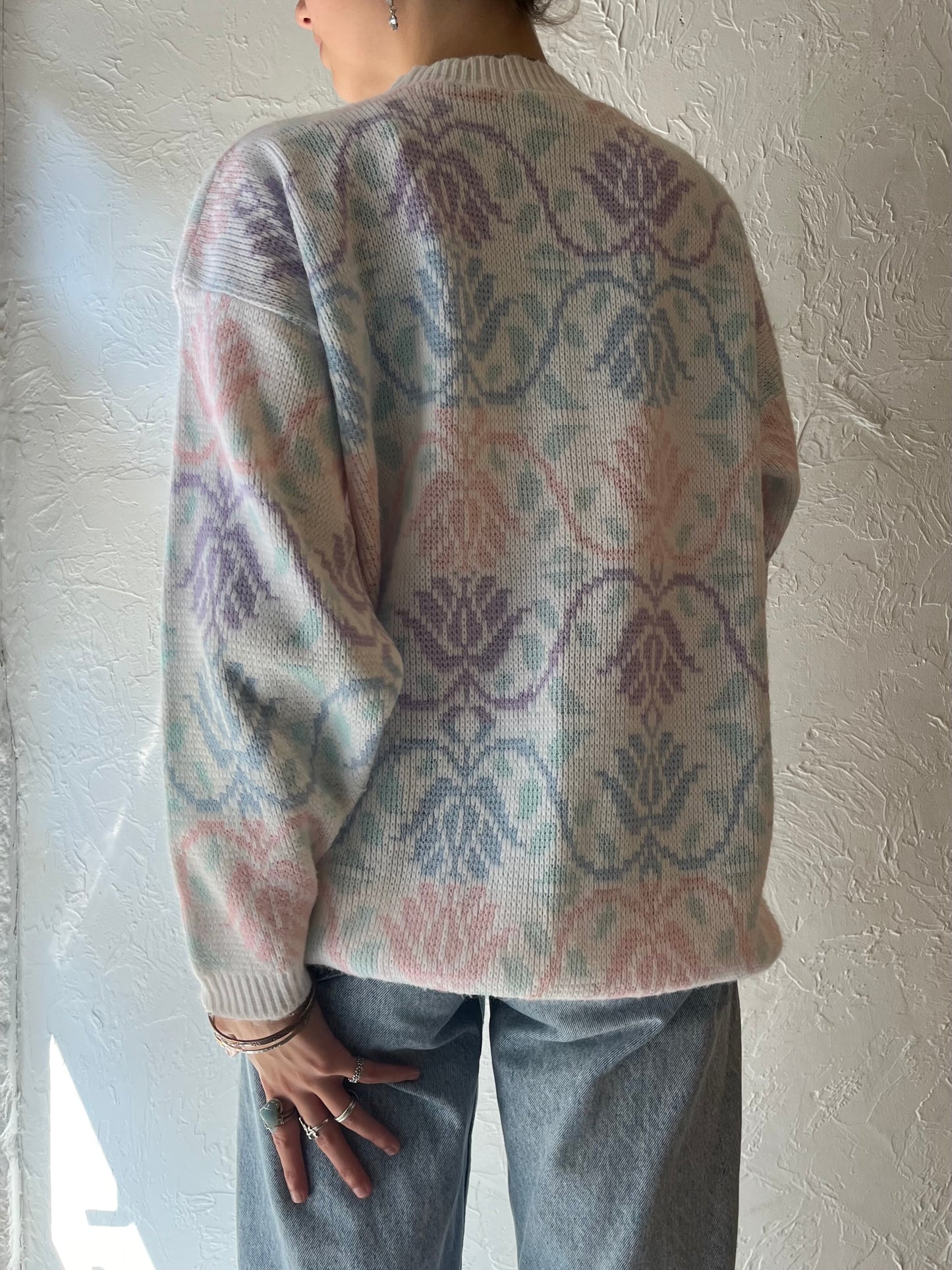 90s 'Classic Essentials' Floral Knit Sweater / Medium