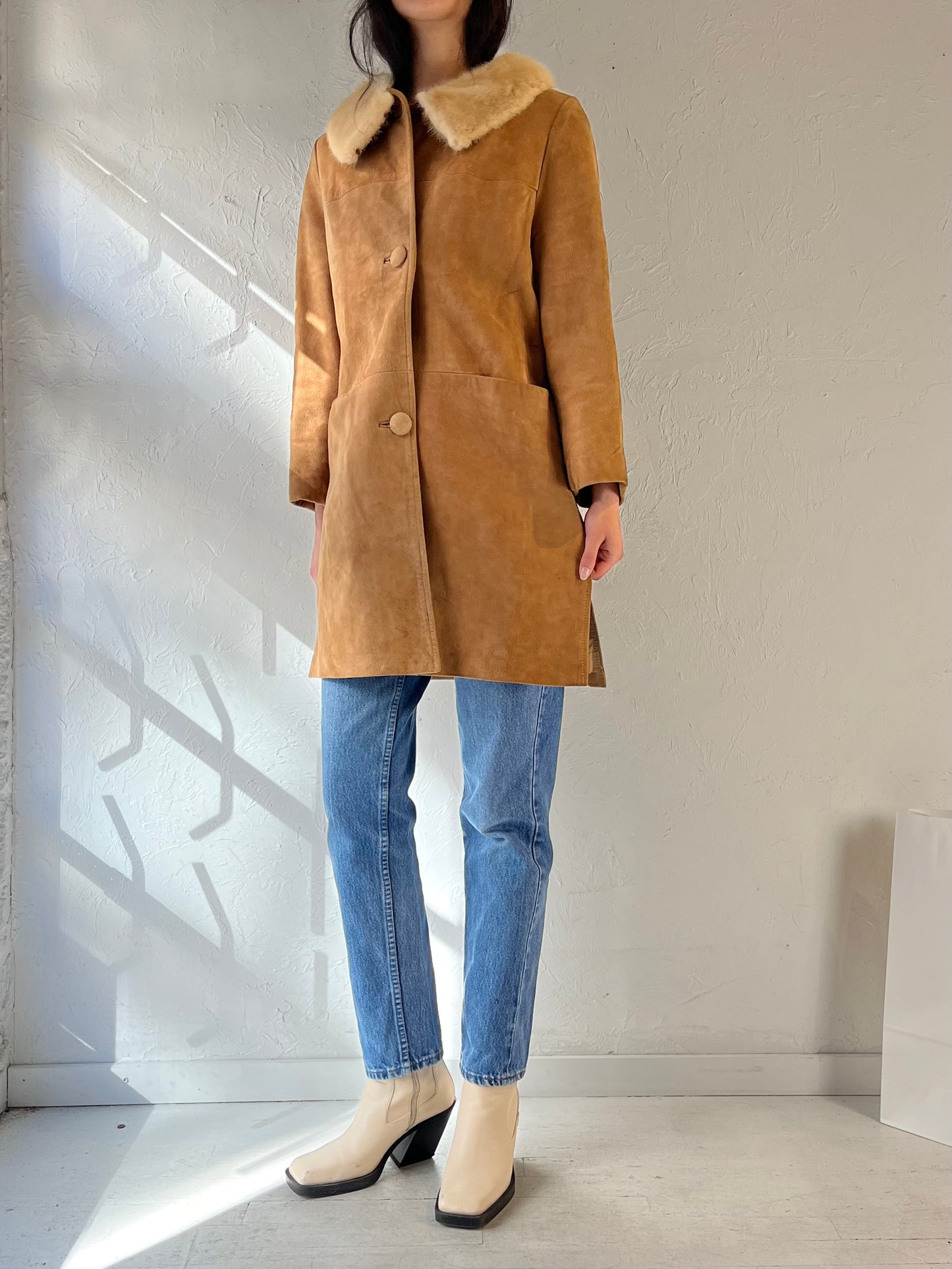 70s Suede Tan Leather Coat with Fur Trim / Small