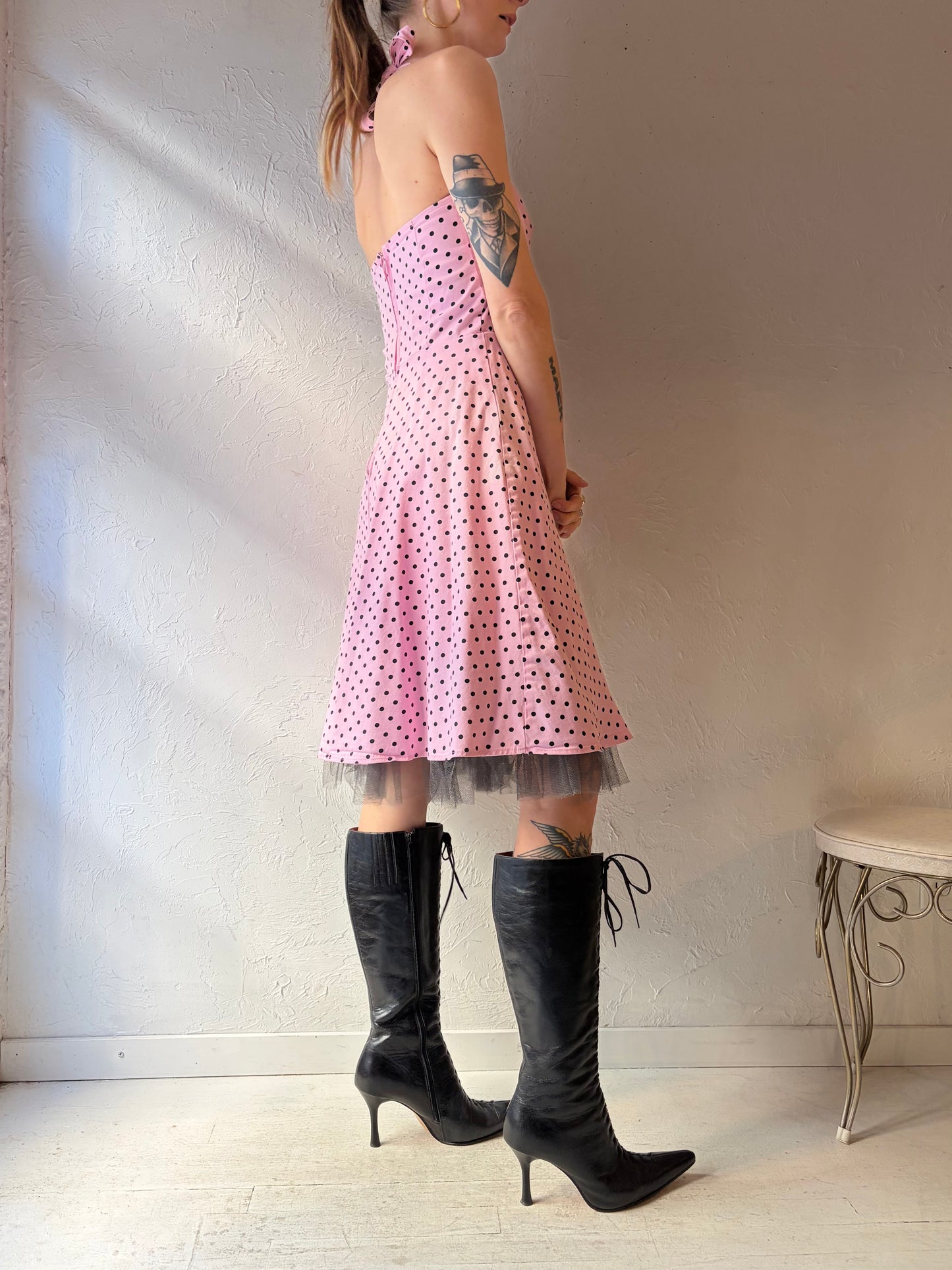 Vintage Pink Polka Dot Pin Up Dress / Small
