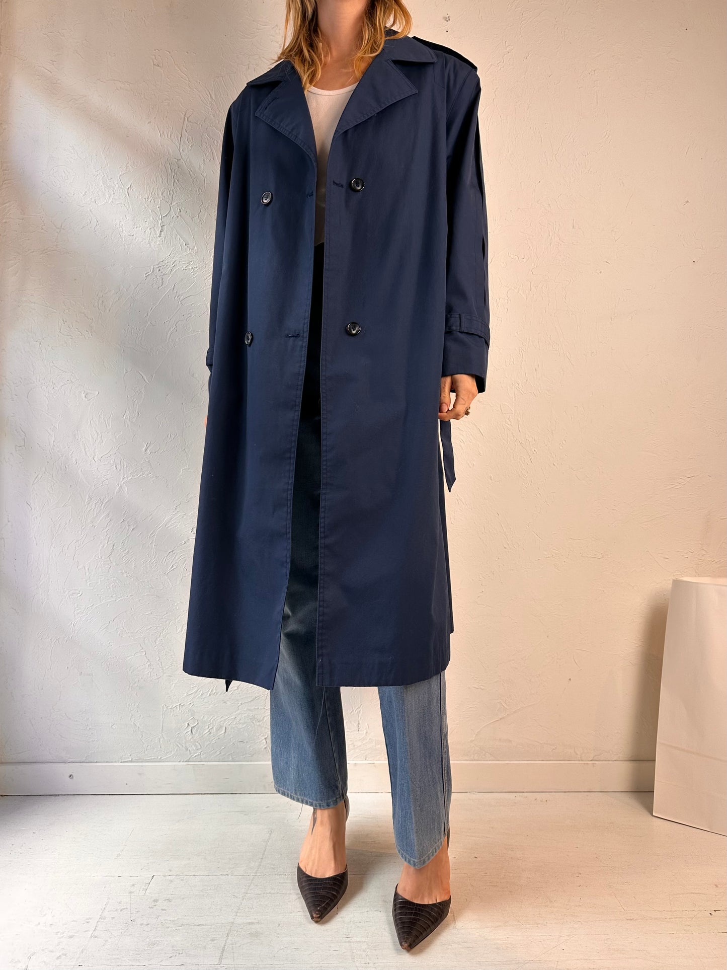 Vintage 'Career Chic' Navy Blue Lightweight Trench Coat / Large