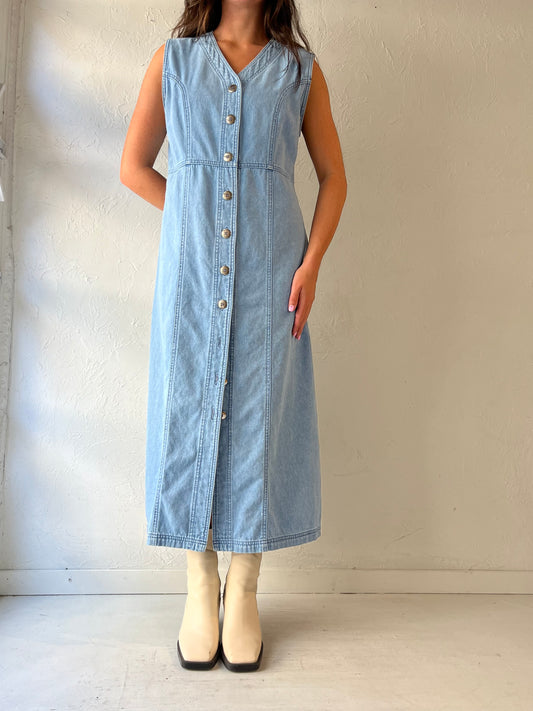 90s 'Fads' Button Up Denim Maxi Dress / Medium