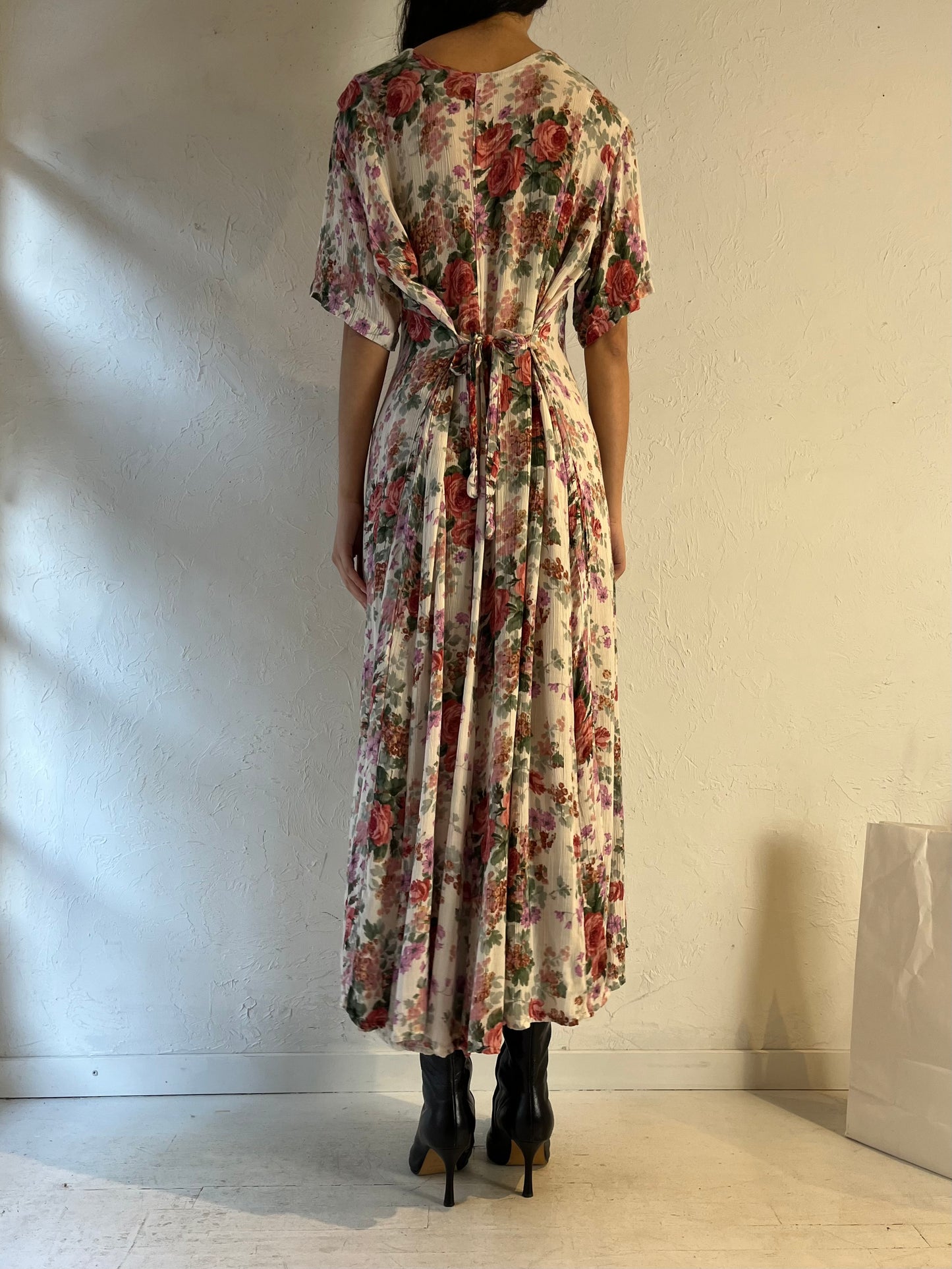 90s Floral Print Rayon Maxi Dress / Large