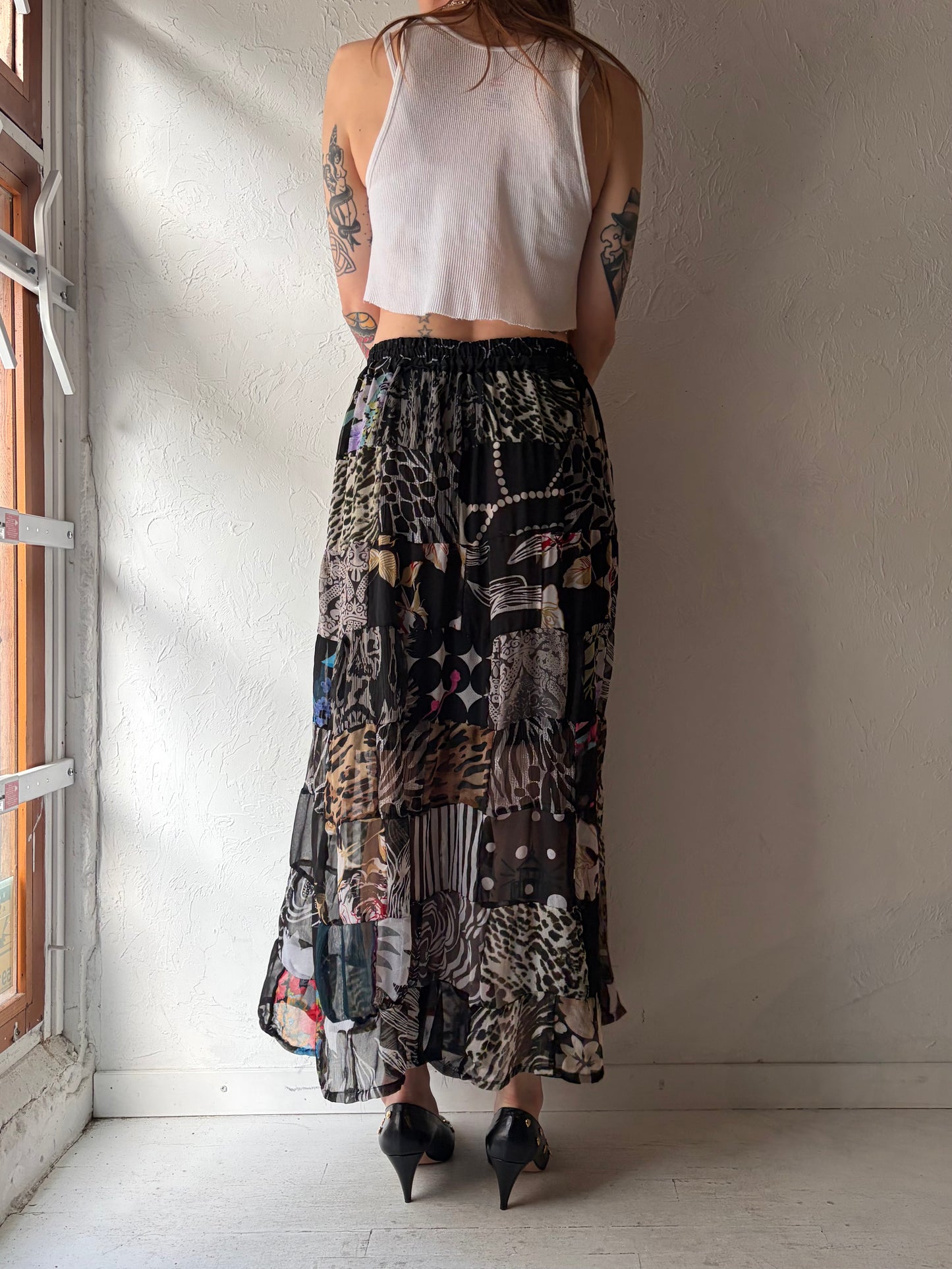 Vintage Patchwork Hippie Boho Rayon Spring Summer Maxi Skirt / Small