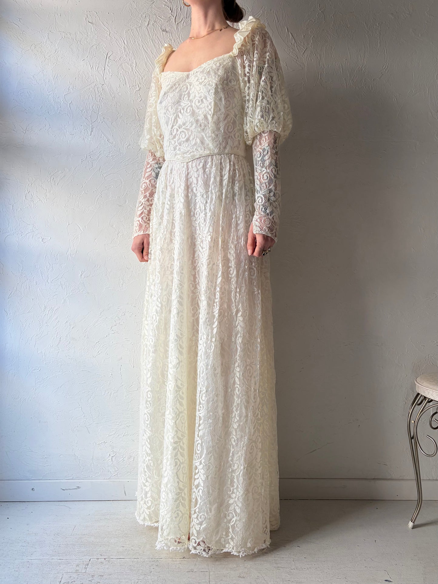 80s White Lace Long Sleeve Wedding Maxi Dress / Small